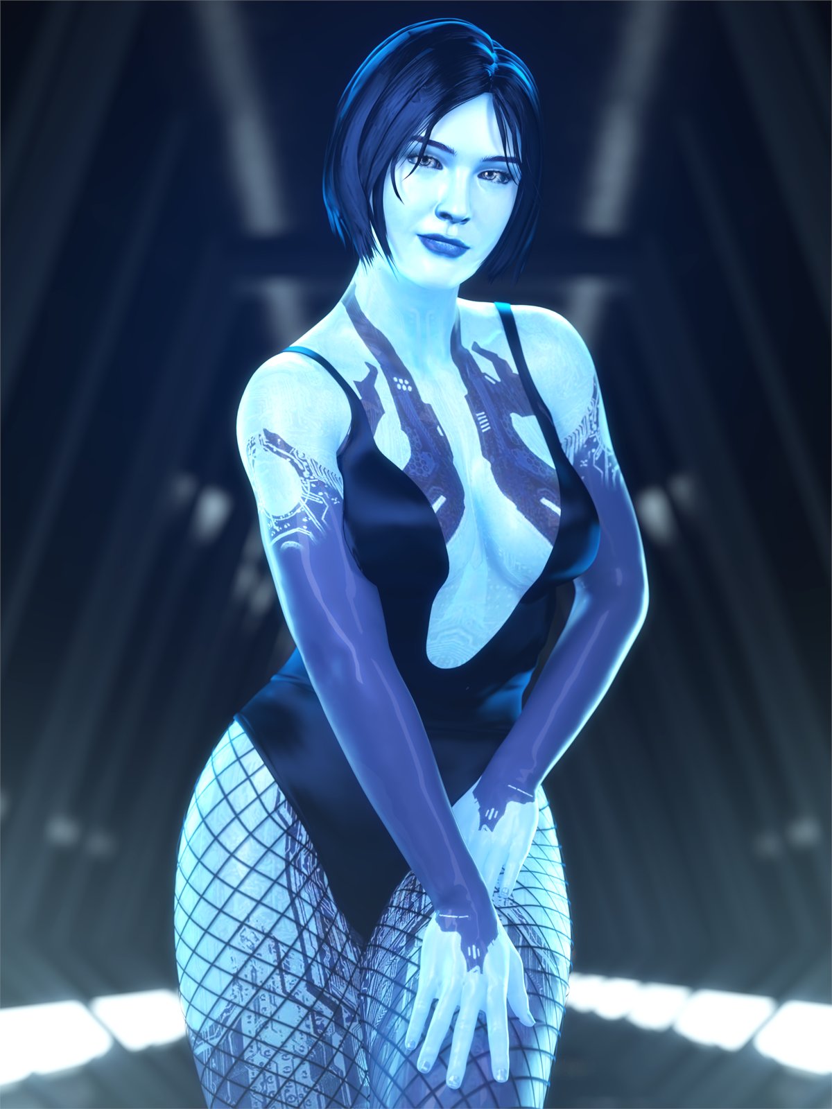 1girl 1girls 3d blender blender_(software) blue_body blue_hair blue_skin bob_cut breasts cortana fishnets halo_(game) halo_(series) halo_4 hands_on_thighs looking_at_viewer pose posing posing_for_the_viewer sci-fi science_fiction solo solo_female thighs word2