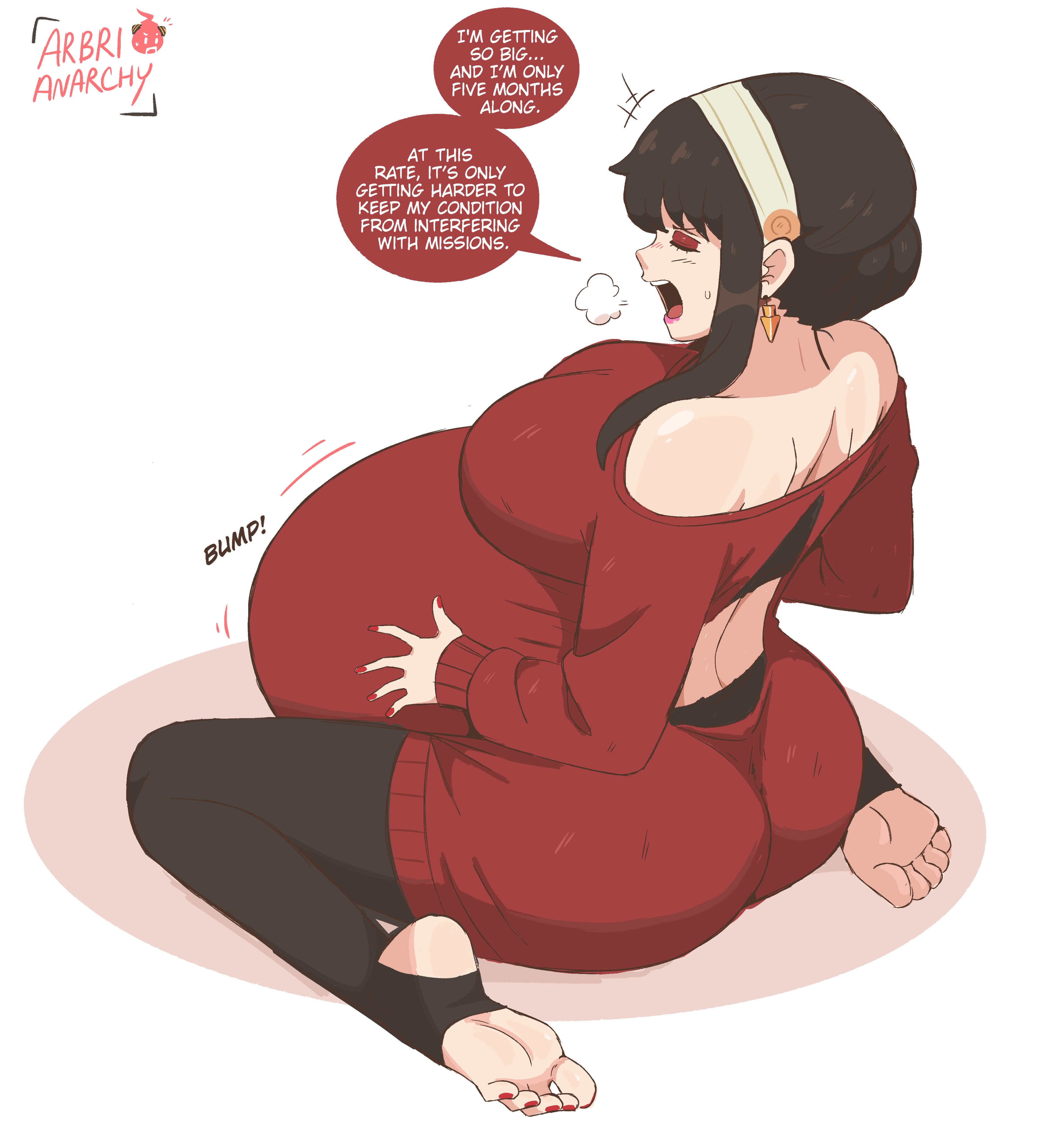 1girls, arbrianarchy, ass, big ass, big belly, big breasts, breasts, english dialogue, english text, hyper belly, hyper pregnancy, nail polish, nails painted, on the floor, pregnant, pregnant female, ready to pop, red nails, red toenails, spy x family, super belly, tagme, toenail polish, yor briar, yor forger