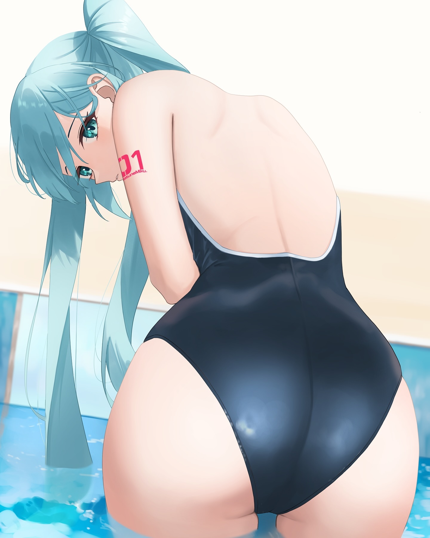 1girl, 1girls, aqua eyes, aqua hair, ass, ass focus, back, backless leotard, bad id, bad twitter id, bangs, bare shoulders, big ass, blue leotard, blue one-piece swimsuit, closed mouth, competition school swimsuit, cowboy shot, female, from behind, hatsune miku, leotard, long hair, looking at viewer, looking back, number tattoo, one-piece swimsuit, pool, robsonj86827917, school swimsuit, solo, solo focus, swimsuit, tattoo, twintails, very long hair, vocaloid, wading, water
