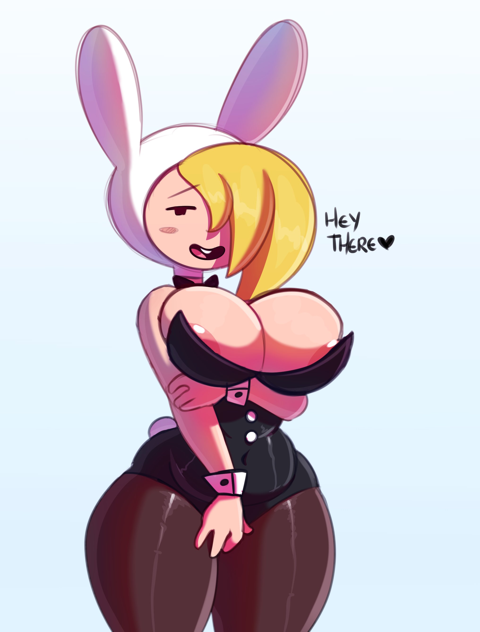1girls, adventure girls, adventure time, areola slip, areolae, blank background, blonde hair, blush, breasts, bunny ears, bunnysuit, cleavage, female, fionna the human girl, heart, looking at viewer, mob face, nipples, open mouth, simple background, smile, solo, somescrub, standing, text, white background, wide hips
