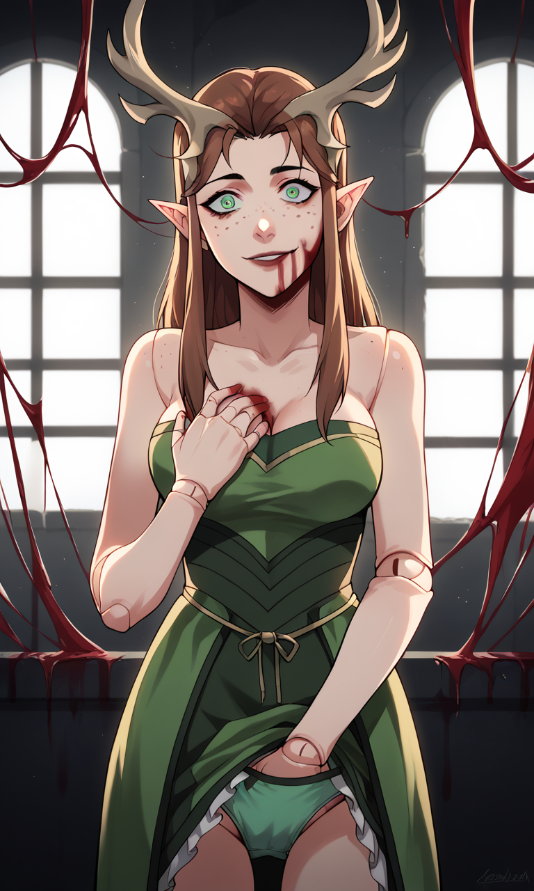 1girls ai_generated antlers ass bigmic145 blood breasts brown_hair cleavage critical_role critical_role:_vox_machina curvy doll doll_joints dress dress_lift elf elf_ears female female_only freckles green_eyes groping groping_breasts horror keyleth long_hair masturbation panties pointy_ears stripping teasing the_legend_of_vox_machina yandere