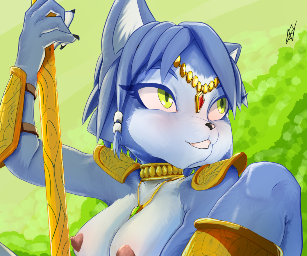 6:5 anthro armor blue_body blue_fur blue_hair blush breasts canid canine clothed clothing erect_nipples female fox fur green_eyes hair jewelry krystal krystal_(star_fox) looking_away mammal nahadon nintendo nipples out_of_frame sitting smile solo staff star_fox star_fox_adventures topless