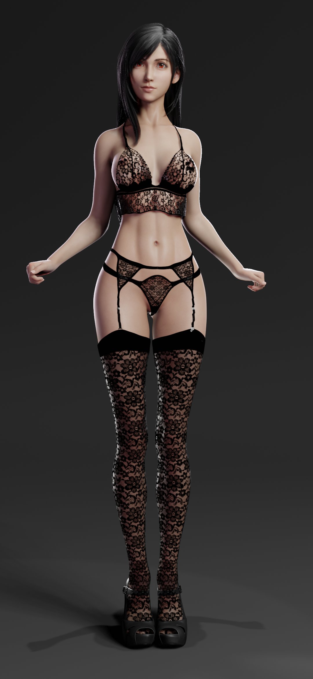 1girls 3d 3d_model 3d_render black_hair black_high_heels black_underwear bra cleavage final_fantasy final_fantasy_vii final_fantasy_vii_rebirth final_fantasy_vii_remake fit_female garter_belt garter_straps gray_background high_heels highres lace lace-trimmed_bra lace_stockings leetonight lingerie lingerie_only long_hair looking_at_viewer nipples_visible_through_clothing panties pinup posing red_eyes see-through see-through_bra see-through_lingerie see-through_panties simple_background stockings thighhighs tifa_lockhart