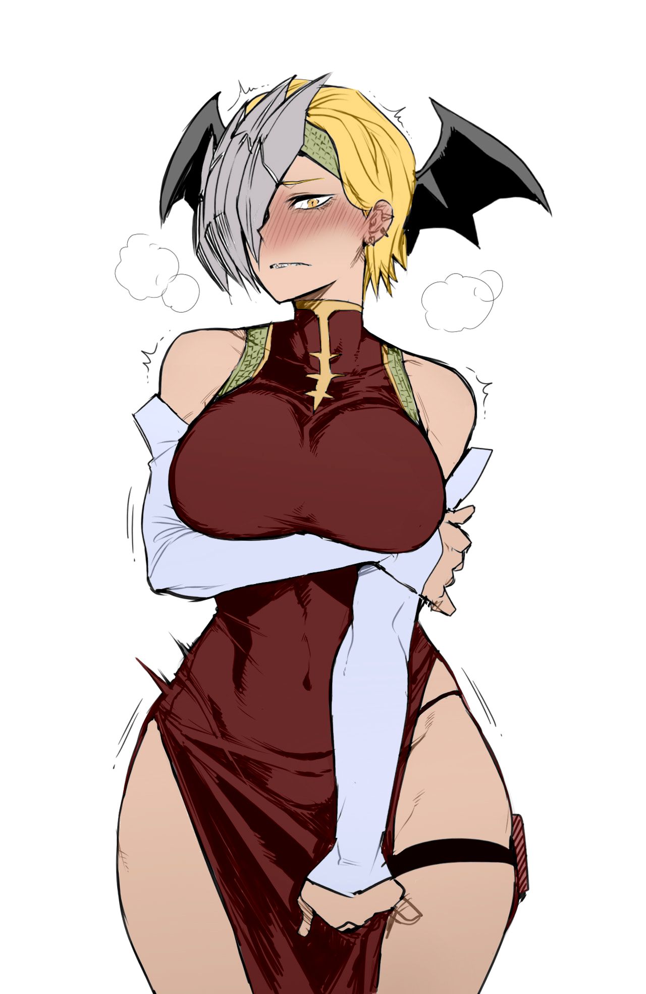 blonde_female blonde_hair blush breasts dress exposed_shoulders gloves large_breasts looking_at_viewer my_hero_academia navel navel_visible_through_clothes ratatatat74 red_dress ryuukyuu tatsuma_ryuuko tight_clothing tight_fit