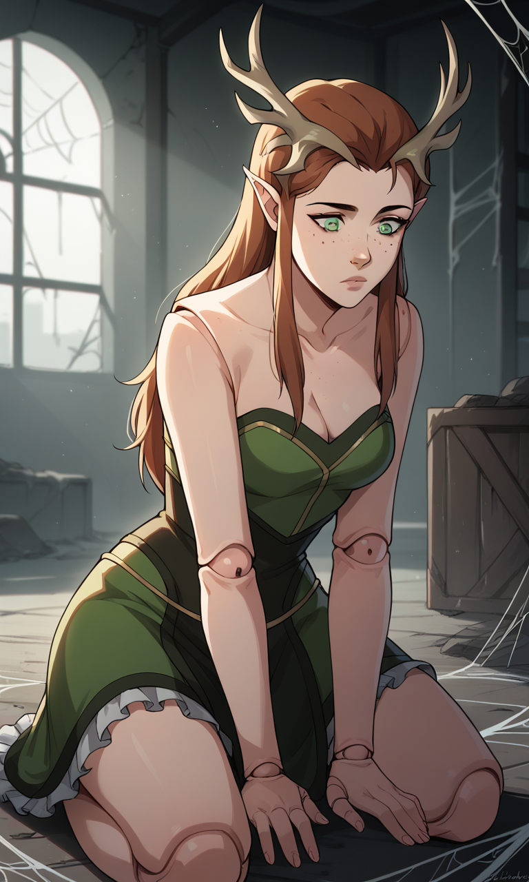 1girls ai_generated antlers ass bigmic145 breasts brown_hair cleavage critical_role critical_role:_vox_machina curvy doll doll_joints dress elf elf_ears female female_only freckles green_eyes keyleth long_hair pointy_ears the_legend_of_vox_machina