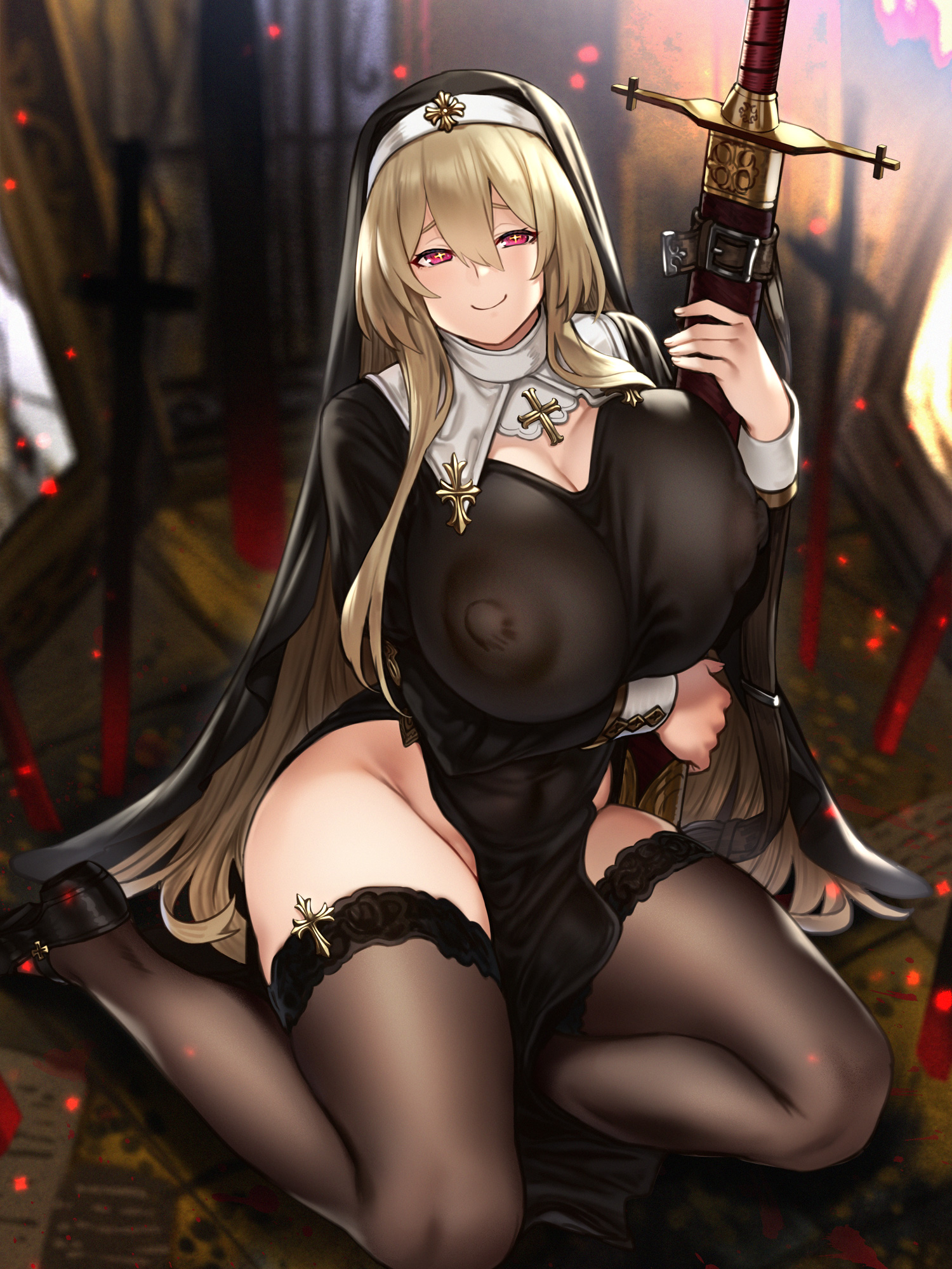 1girls, areolae, blonde hair, breasts, female, female only, houtengeki, huge breasts, looking at viewer, nipples, nun, red eyes, see-through, solo, thighhighs