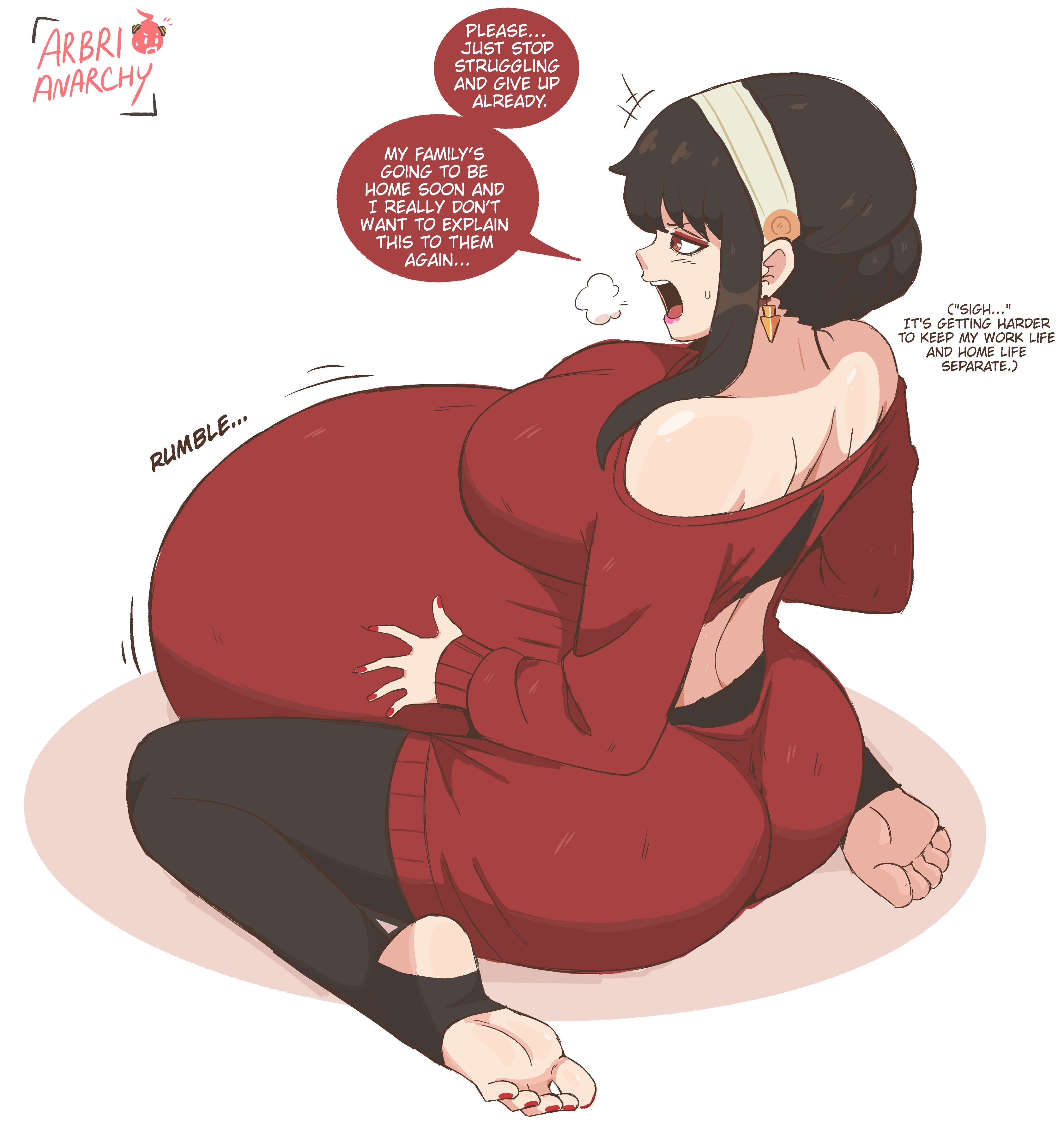 1girls, arbrianarchy, ass, big belly, big breasts, big penis, breasts, english dialogue, english text, hyper, hyper belly, nail polish, on the floor, red nails, red toenails, spy x family, tagme, toenail polish, vore, vore belly, yor briar, yor forger