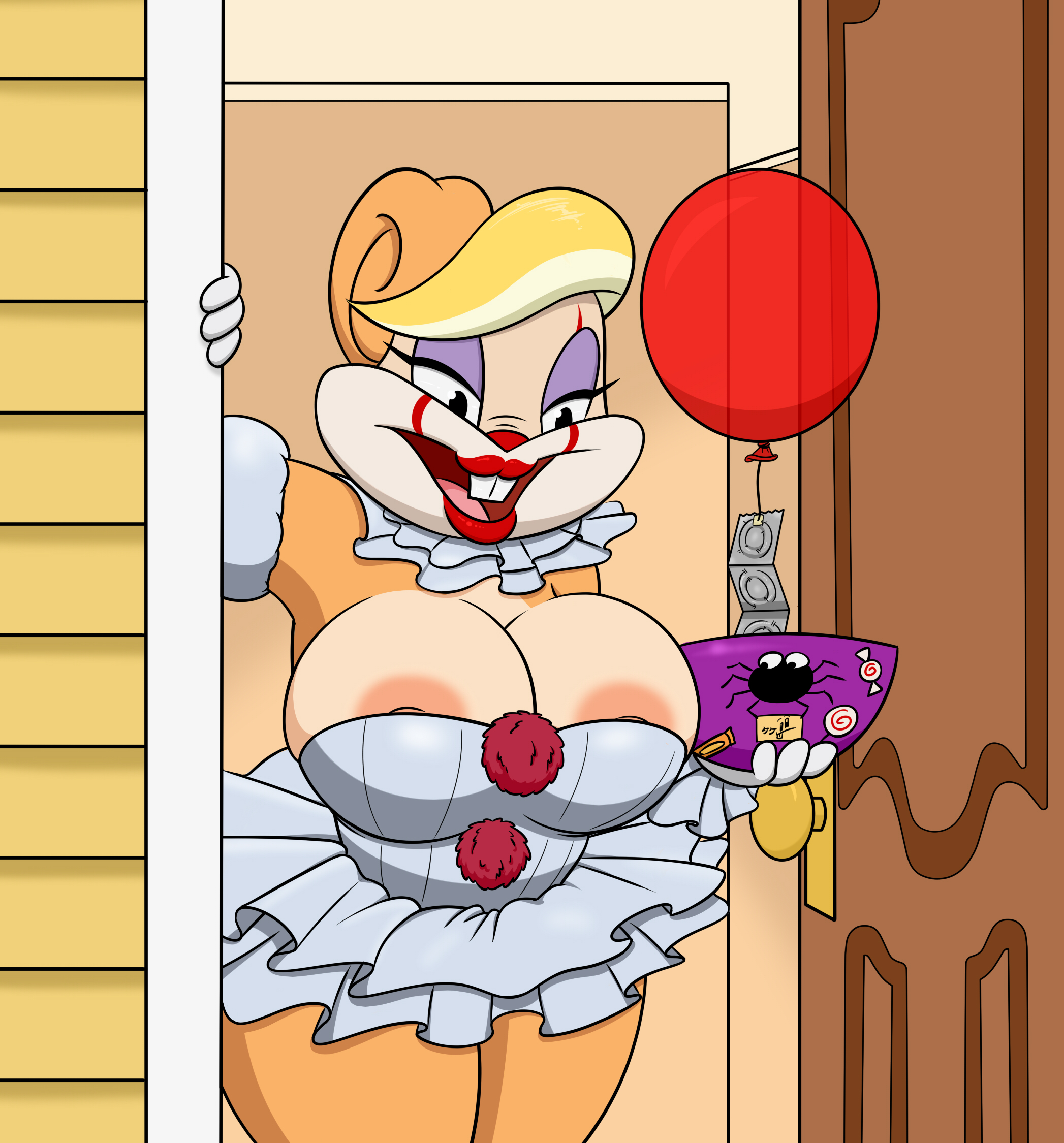 1girls, 2021, areolae slip, balloon, big breasts, blonde hair, breasts, clothing, crossover, crossover cosplay, female, fur, furry, furry only, halloween, holidays, it, it (stephen king), lagomorph, looney tunes, milf, mommy, mother, nipples, patricia bunny, pennywise (cosplay), red balloon, stephen king, takeshi1000, the looney tunes show, warner bros, warner bros. animation, warner brothers