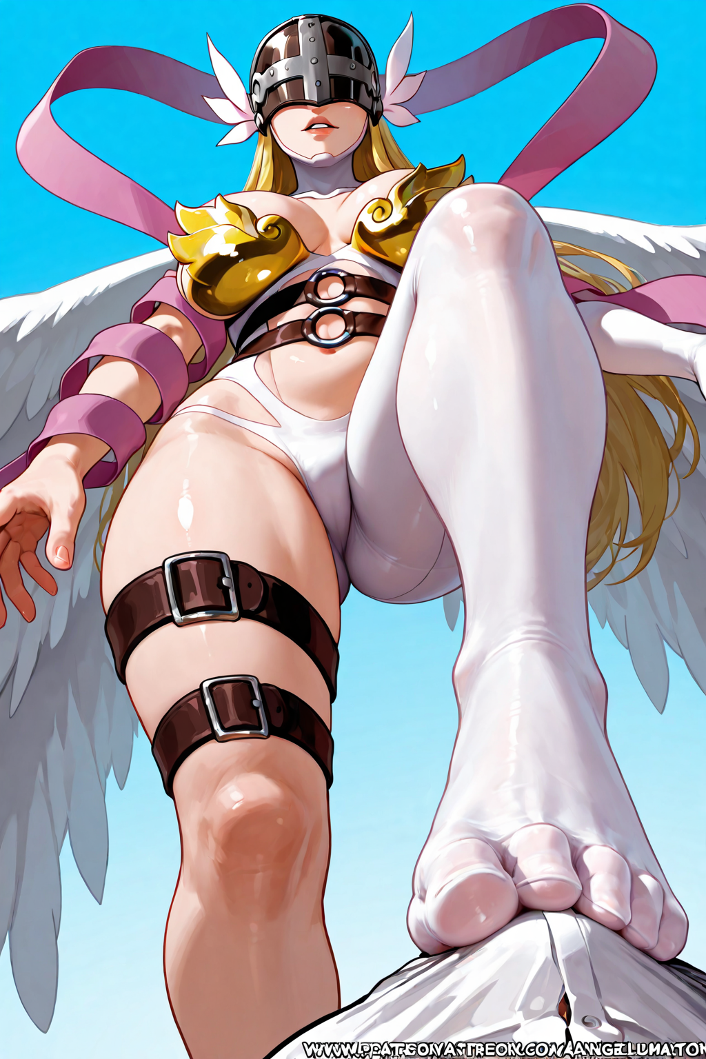 ai_generated angewomon digimon feet masked_female moody_hat stepping_on_penis thighs wings