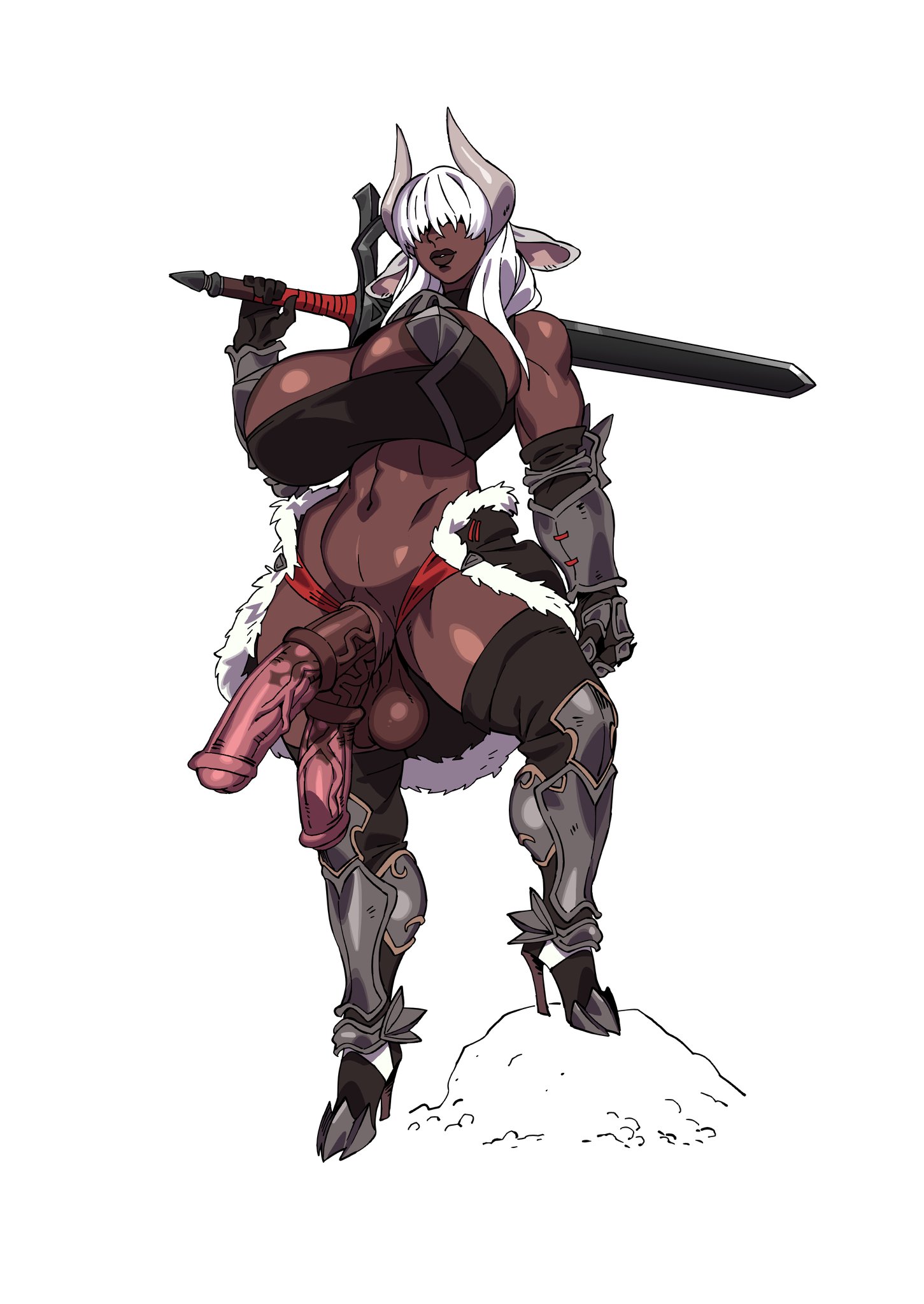 1futa, animal genitalia, animal genitalia on humanoid, animal humanoid, animal penis, areola slip, areolae, armor, balls, bovid, bovid humanoid, bovine, bovine humanoid, breasts, cattle humanoid, cleavage, curvy, dark skin, dark-skinned futa, diphallia, diphallism, futa only, futanari, g-ma, half-erect, high heels, horsecock, horsecock on humanoid, humanoid, intersex, jijis-waifus, mammal, mammal humanoid, medial ring, melee weapon, multi genitalia, multi penis, muscular, muscular futa, penis, penis out, sheath, solo, solo futa, sword, unconvincing armor, weapon, white hair