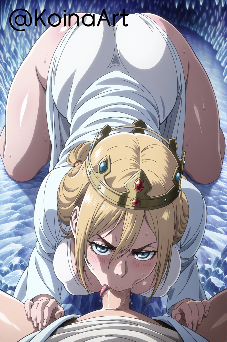 ai generated, ass, ass view, attack on titan, big breasts, blonde hair, blowjob, blue eyes, breasts, christa lenz, cleavage, crown, deepthroat, defiant, dress, embarrassed, female, glaring, highres, historia reiss, huge ass, huge breasts, koinaart, leaning forward, patreon, perky breasts, stable diffusion, thick ass, thick thighs