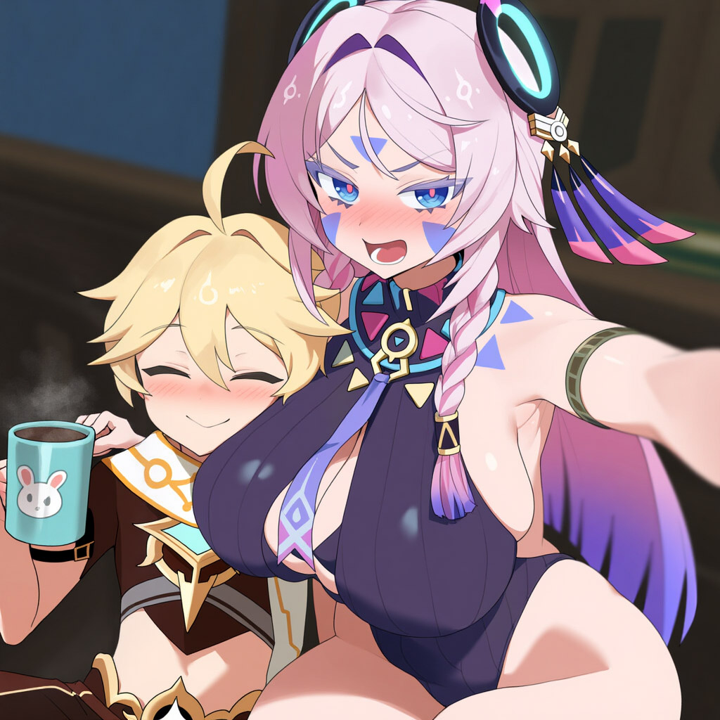 1boy aether_(genshin_impact) ahoge ai_generated armlet blonde_hair blue_eyes blush breasts citlali_(genshin_impact) cup depressu female fourina genshin_impact heart large_breasts long_hair male mug open_mouth self_upload sinensian_(style) smile symbol-shaped_pupils tattoo