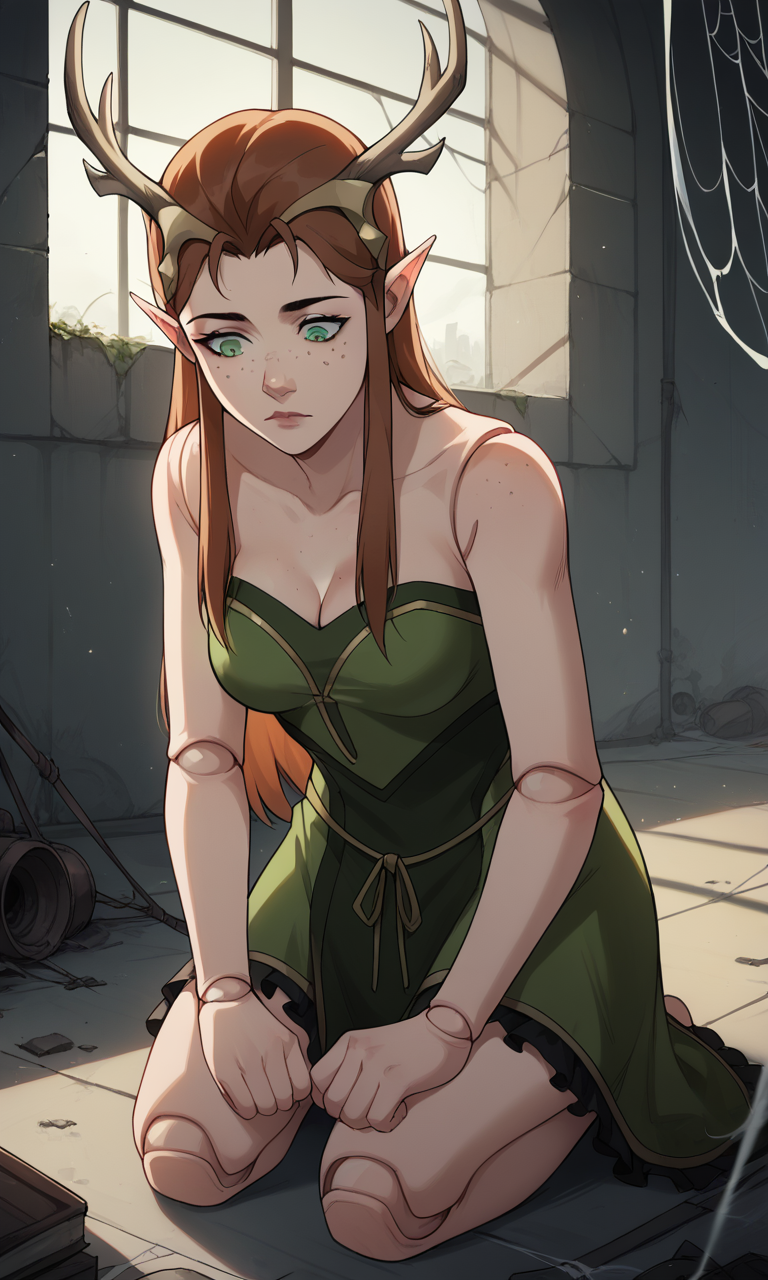 1girls ai_generated antlers ass bigmic145 breasts brown_hair cleavage critical_role critical_role:_vox_machina curvy doll doll_joints dress elf elf_ears female female_only freckles green_eyes keyleth long_hair pointy_ears the_legend_of_vox_machina