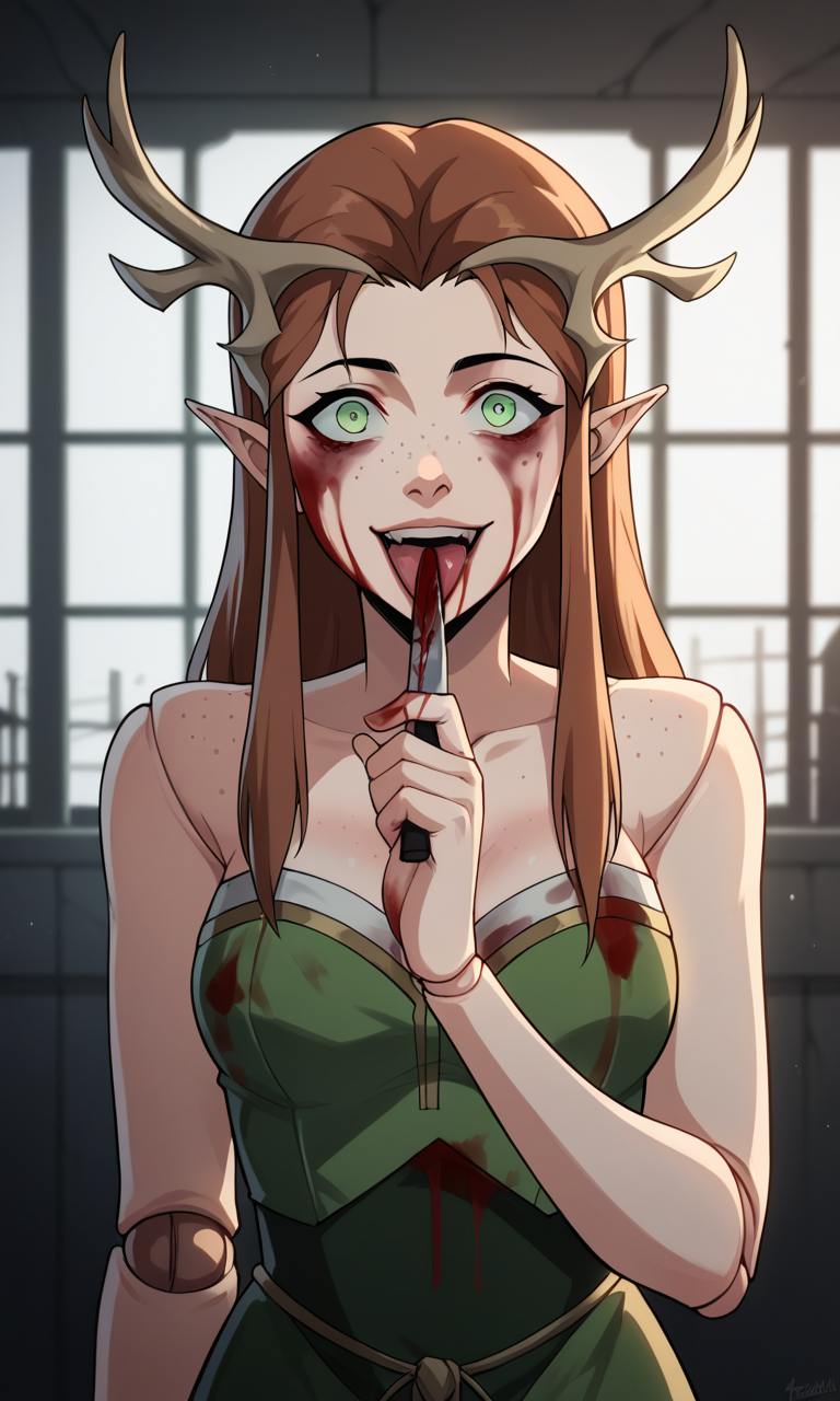 1girls ai_generated antlers ass bigmic145 blood breasts brown_hair cleavage critical_role critical_role:_vox_machina curvy doll doll_joints dress elf elf_ears female female_only freckles green_eyes horror keyleth knife long_hair pointy_ears the_legend_of_vox_machina yandere