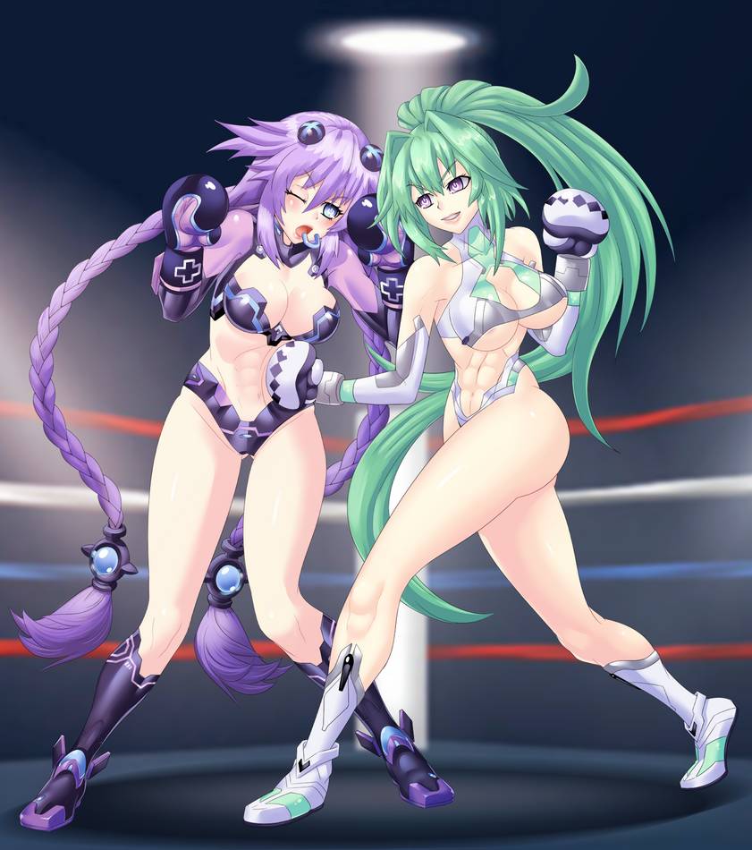 2girls abs big_breasts boxing boxing_gloves boxing_ring boxing_tape catfight female female_only fight gloves green_heart gut_punch large_breasts light-skinned_female light_skin mouthguard multiple_girls muscular_female neptune_(neptunia) neptunia_(series) one_eye_closed open_mouth punch purple_boxing_gloves purple_gloves purple_heart_(neptunia) skimpy_clothes solfei vert white_boxing_gloves white_gloves