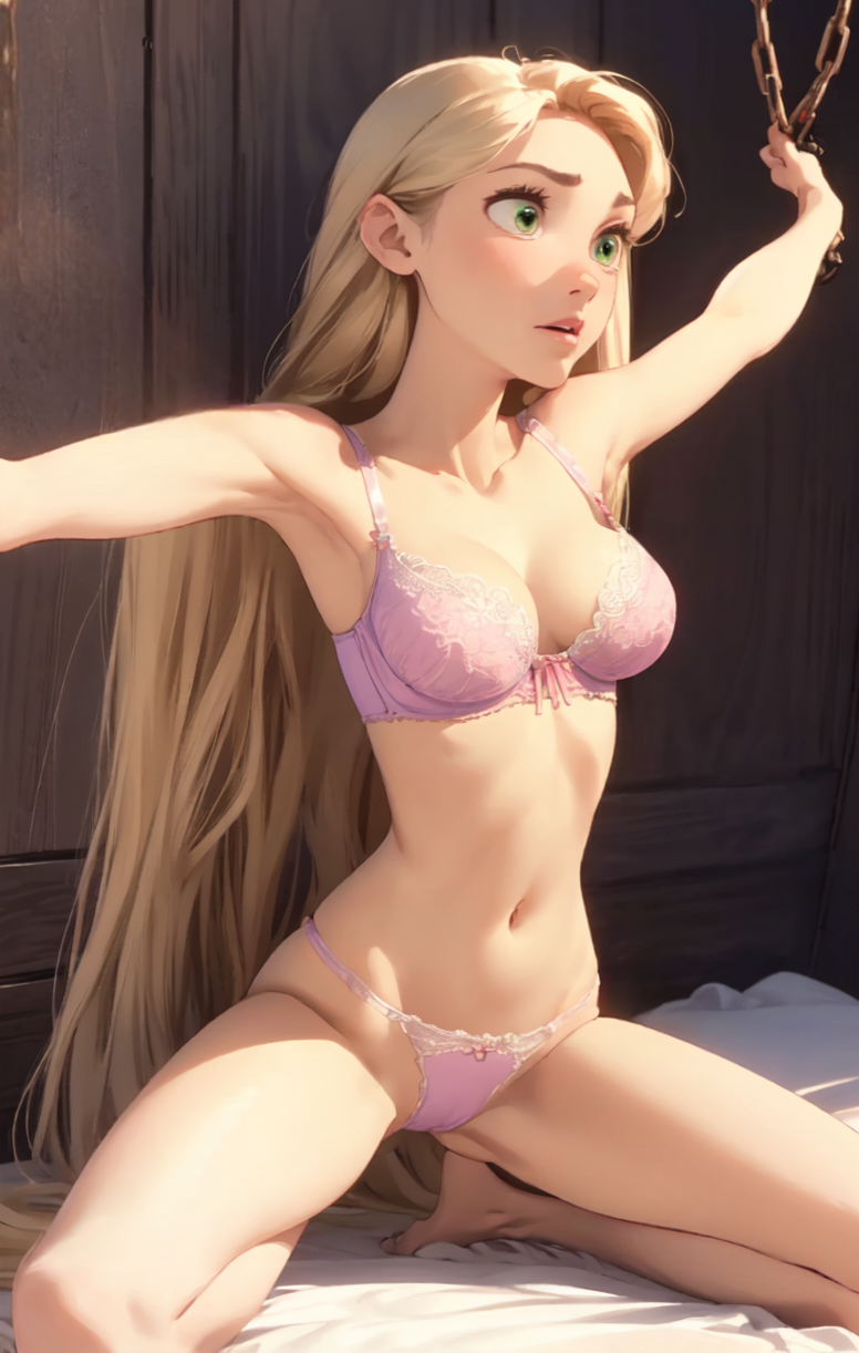 ai_generated blonde_hair bondage bra chains disney green_eyes lingerie long_hair on_knees princess rapunzel sex_slave skinny slim_waist tangled thong