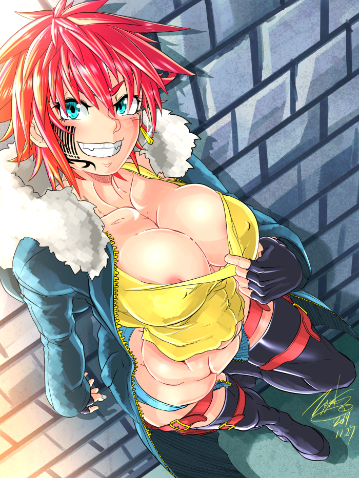 1girls abs areola_slip barcode barcode_tattoo blue_eyes breasts cleavage collarbone covered_erect_nipples dated downblouse earrings from_above jacket jewelry large_breasts looking_at_viewer muscular muscular_female no_bra open_clothes open_jacket original red_hair shirt signature single_earring smile solo tattoo teeth thighhighs yellow_shirt zippedsquire