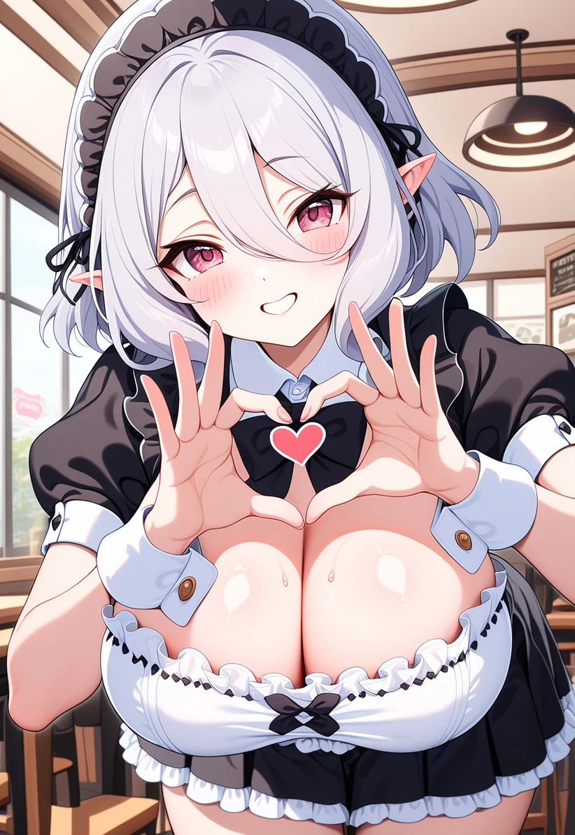 ai_generated alternate_breast_size artist_request elf elf_ears elf_female gigantic_breasts heart_gesture huge_breasts kokkoro_(princess_connect!) light-skinned_female light_skin looking_at_viewer maid_outfit maid_uniform massive_breasts pink_eyes princess_connect! short_hair smiling solo_female squatting sweat sweatdrop thick_body thick_female voluptuous voluptuous_female white_hair