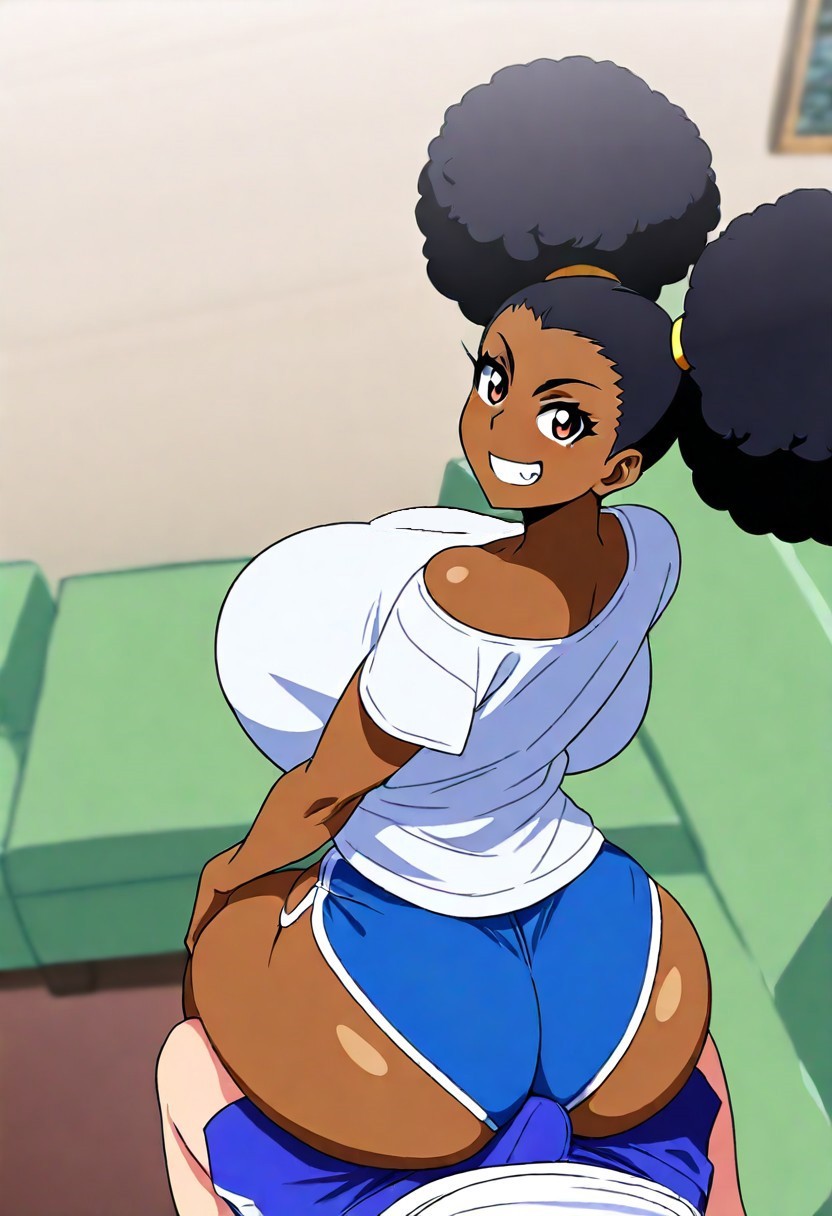 african_female afro_puffs ai_generated basketball_shorts black_hair brown_eyes civitai cleavage closed_eyes dark-skinned_female dark_skin erection_under_clothes female fully_clothed grin grinding gym_shorts huge_breasts imminent_sex interracial jyubei_(style) legs_together light-skinned_male light_skin living_room looking_at_viewer looking_back one_shoulder_exposed original_character pov shorter_female shortstack sitting sitting_on_lap sitting_on_person smile solo_focus t-shirt teasing thick_thighs wide_hips