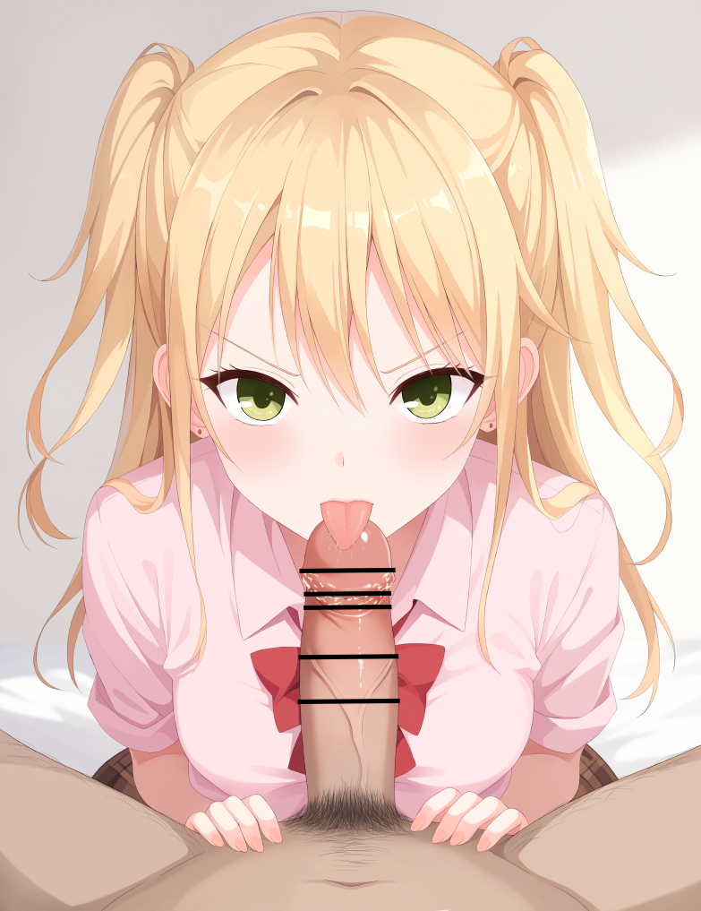 bar_censor blonde_hair blush breasts censored clothed_female_nude_male commentary_request completely_nude earrings erection fellatio female green_eyes gyaru jewelry licking licking_penis long_hair looking_at_viewer male_pubic_hair medium_breasts mizuno-go nude open_mouth oral out_of_character penis penis_on_face pink_shirt pubic_hair school_uniform shirt skirt smegma smelling smelling_penis solo_focus straight