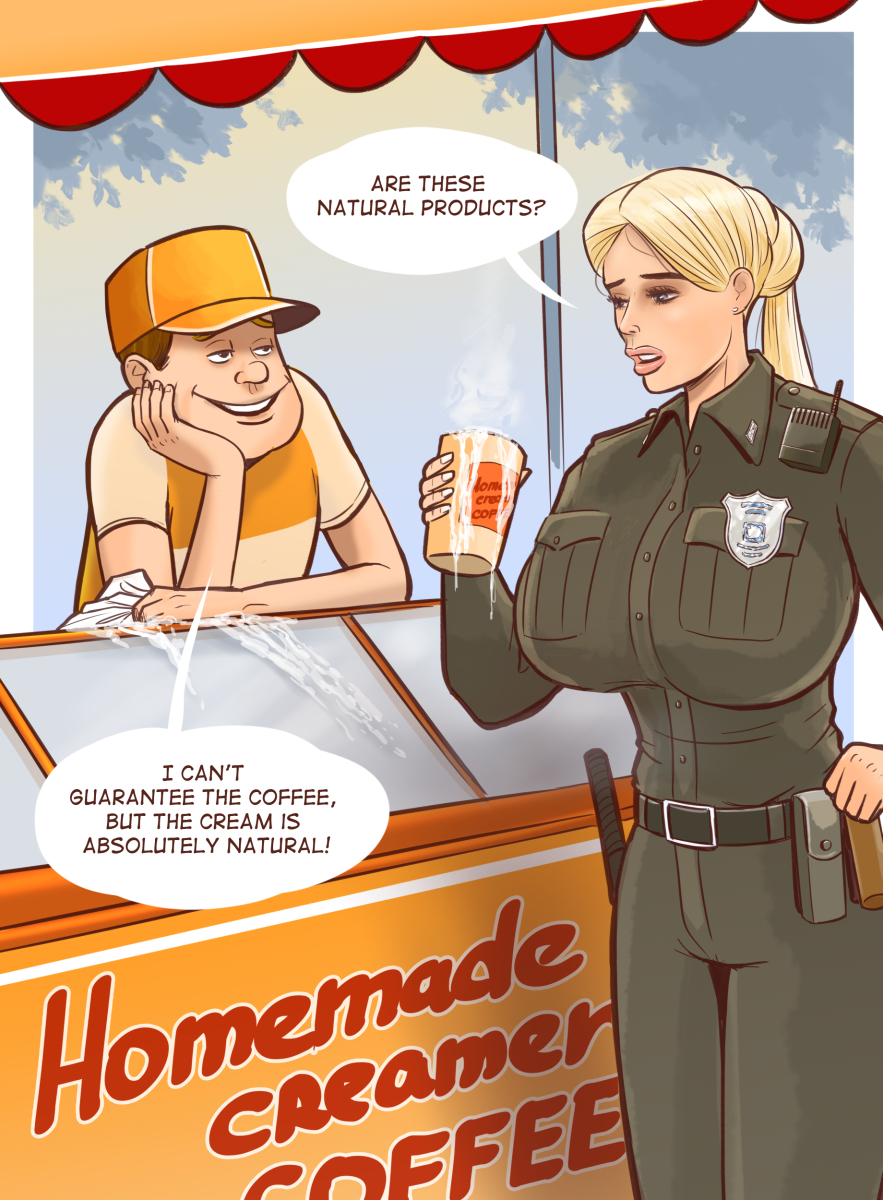 baton blonde blonde_female blonde_hair blonde_hair_female brown_hair clothed clothed_female clothed_male coffee coffee_cup cum cum_in_container cum_in_cup disarten oblivious original police police_uniform policewoman unaware walkie-talkie