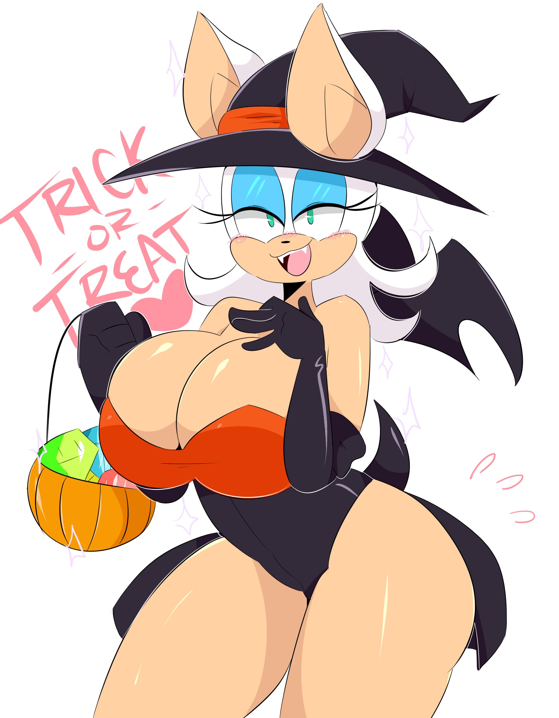1girls, about to burst, anthro, bare thighs, barely contained, barely contained breasts, barely fits, bat, bat wings, big breasts, blue eyeshadow, breasts, bursting breasts, cleavage, elbow gloves, female, female only, fur, gloves, halloween, huge breasts, imminent wardrobe malfunction, jinu, large breasts, latex, latex gloves, makeup, pinup, rouge the bat, sega, solo, sonic (series), sonic the hedgehog (series), tan skin, thighs, tight clothing, tight fit, tight fitting clothing, white fur, white hair, wings, witch hat
