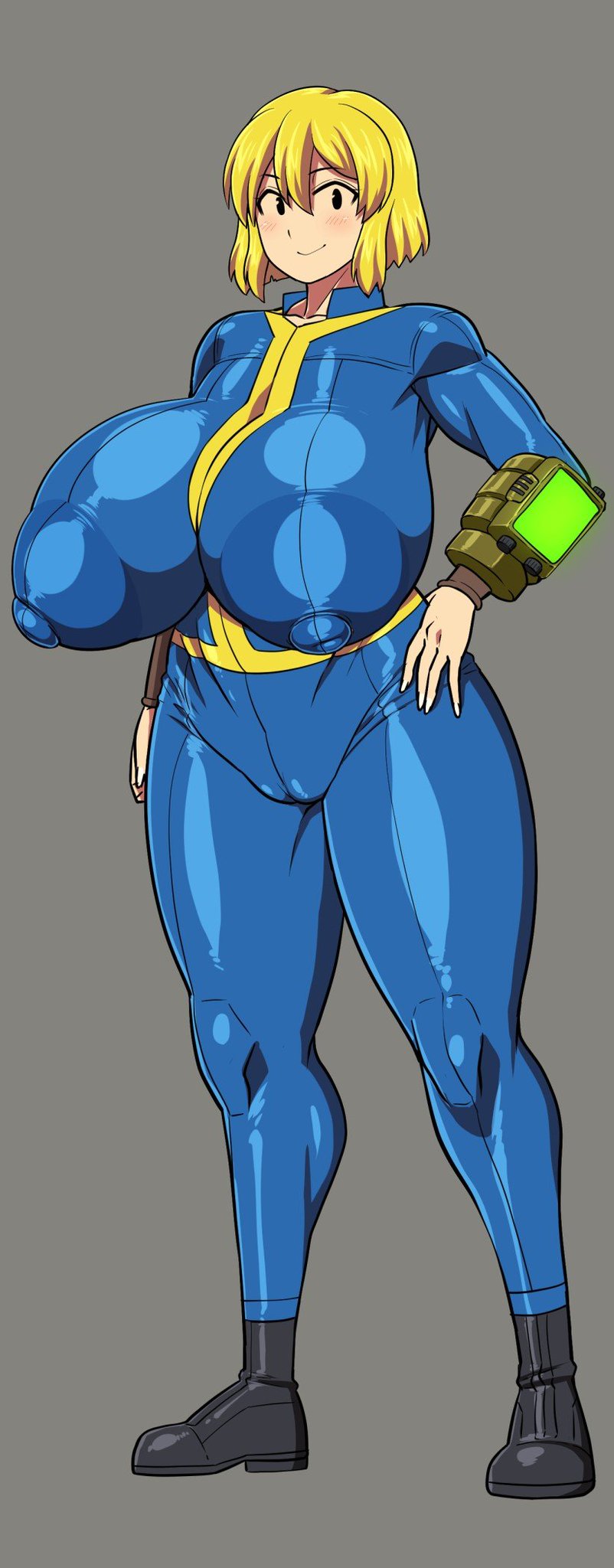 arm_on_hip big_breasts blonde_hair fallout jumpsuit light-skinned_female looking_at_viewer nipples_visible_through_clothing pip-boy vault_girl