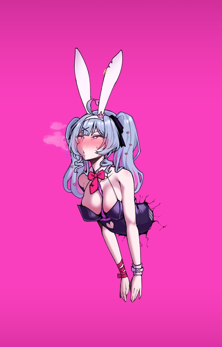 1girls ahe_gao ahegao ahegao_face artist_request bunny_ears bunnysuit cleavage eyes_rolling_back hatsune_miku implied_penetration pink pink_background rabbit_hole_(vocaloid) stuck stuck_in_wall suggestive suggestive_look tagme