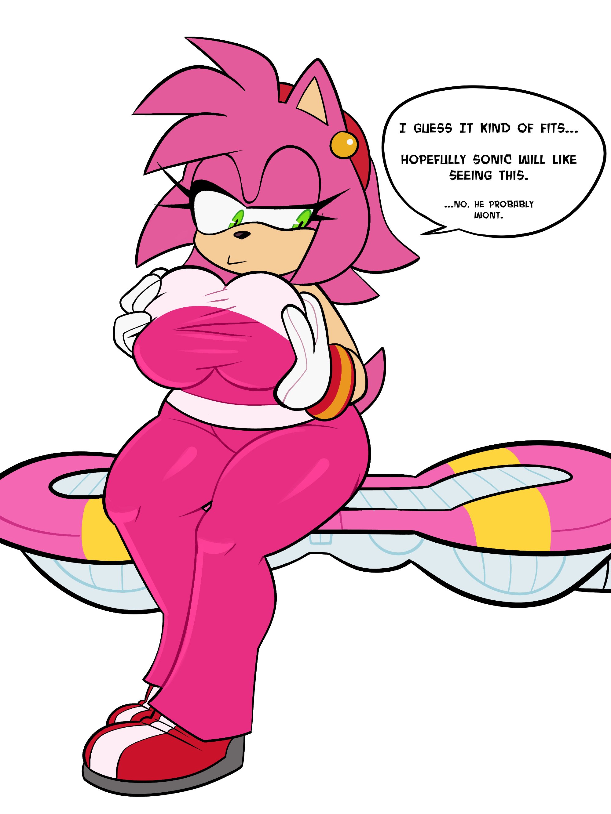 1girls, amy rose, anthro, big breasts, breasts, busty, dialogue, female, female only, hoverboard, huge breasts, large breasts, monamania, sitting, solo, sonic (series), sonic riders, sonic the hedgehog (series), talking to self, text, thick thighs, white background, wide hips