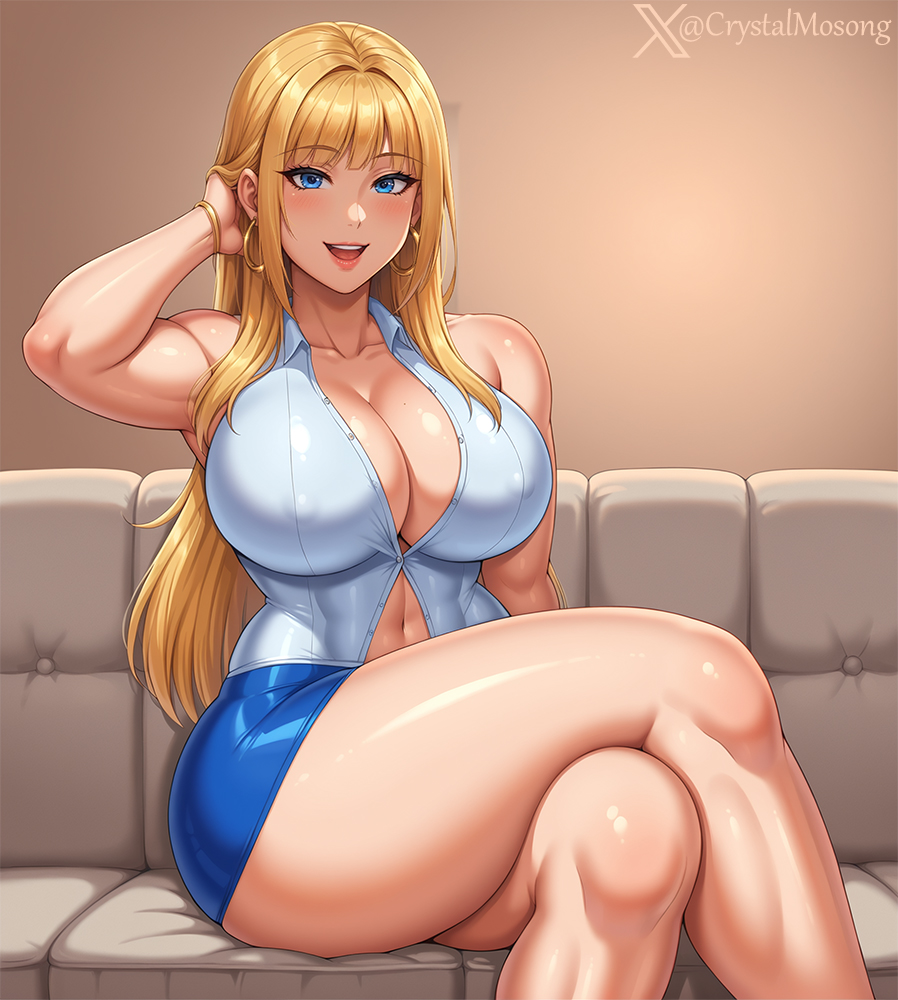 1girl ai_generated ass big_ass big_breasts big_thighs blonde_hair blue_eyes busty couch crop_top crossed_legs crossing_legs crystal_(crystal_m) crystal_m curvy curvy_female female female_only happy hoop_earrings huge_breasts latex long_hair looking_at_viewer miniskirt neckline original original_character seductive seductive_look shiny_skin sitting sitting_on_couch solo_female solo_focus thick_legs thick_thighs tight_clothing voluptuous voluptuous_female wide_hips