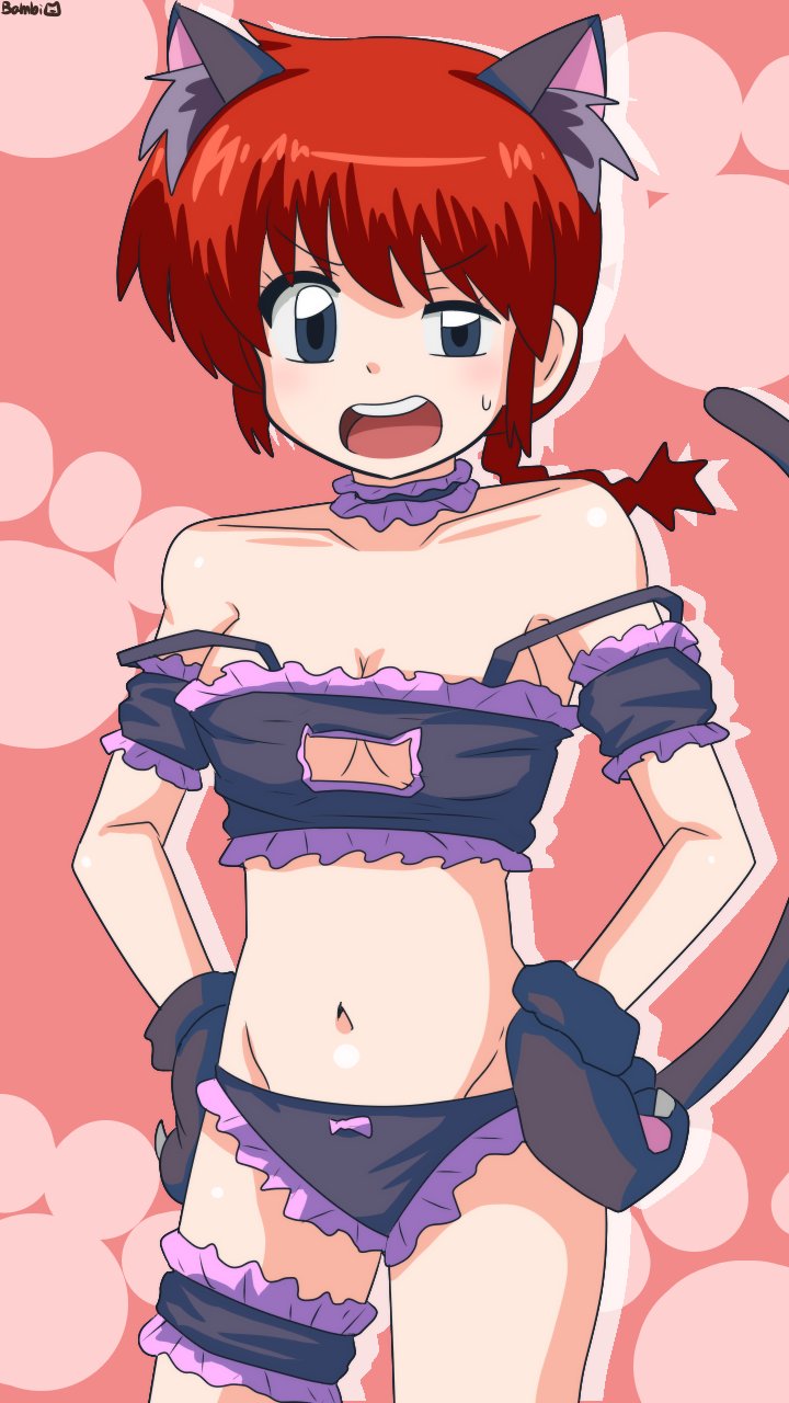 1girls animal_ears animal_hands arm_strap bambi2000line black_bra black_choker black_eyes black_panties bra braid braided_ponytail breasts cat_cutout cat_ears cat_lingerie cat_tail choker clothing_cutout commentary_request cosplay frilled_bra frilled_choker frilled_panties frills genderswap_(mtf) gloves half-closed_eye hands_on_own_hips highres kemonomimi_mode medium_breasts meme_attire navel onii-chan_wa_oshimai! open_mouth oyama_mahiro_(cosplay) panties paw_gloves ranma-chan ranma_1/2 red_hair round_teeth rule_63 saotome_ranma single_braid solo strap_slip sweatdrop tail teeth thigh_strap underwear v-shaped_eyebrows