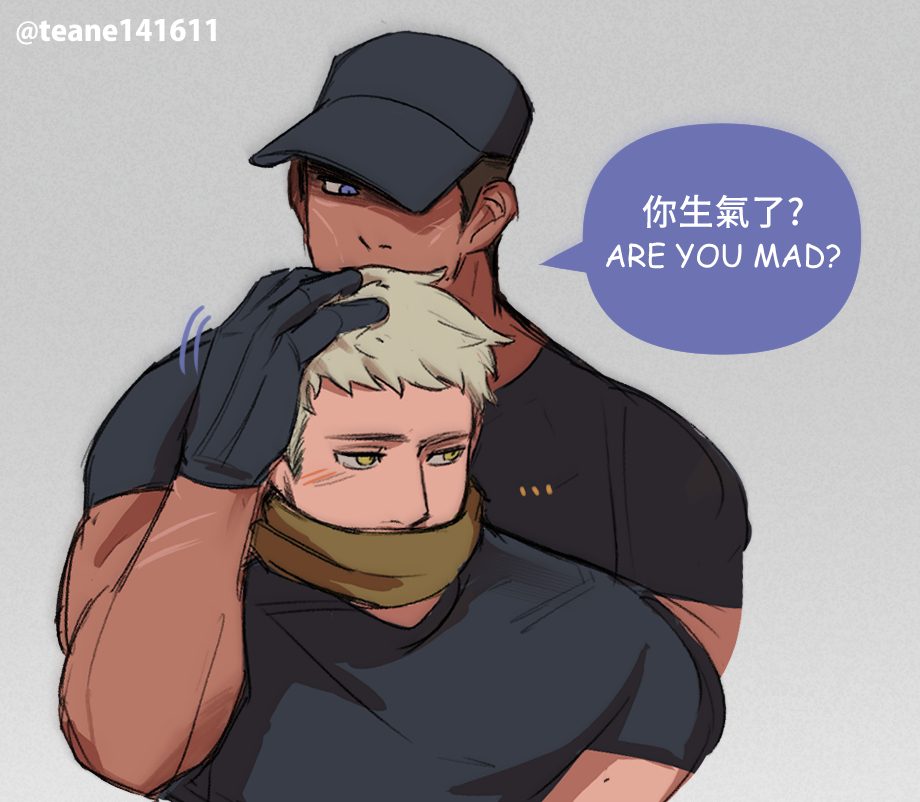 2boys blonde_hair blue_eyes blush english_text gay gloves grey_background hands_on_another's_head hat height_difference looking_at_another looking_away male male_only multiple_boys muscular muscular_male original petting scar shadow_over_eyes simple_background teane text visor yaoi yellow_eyes