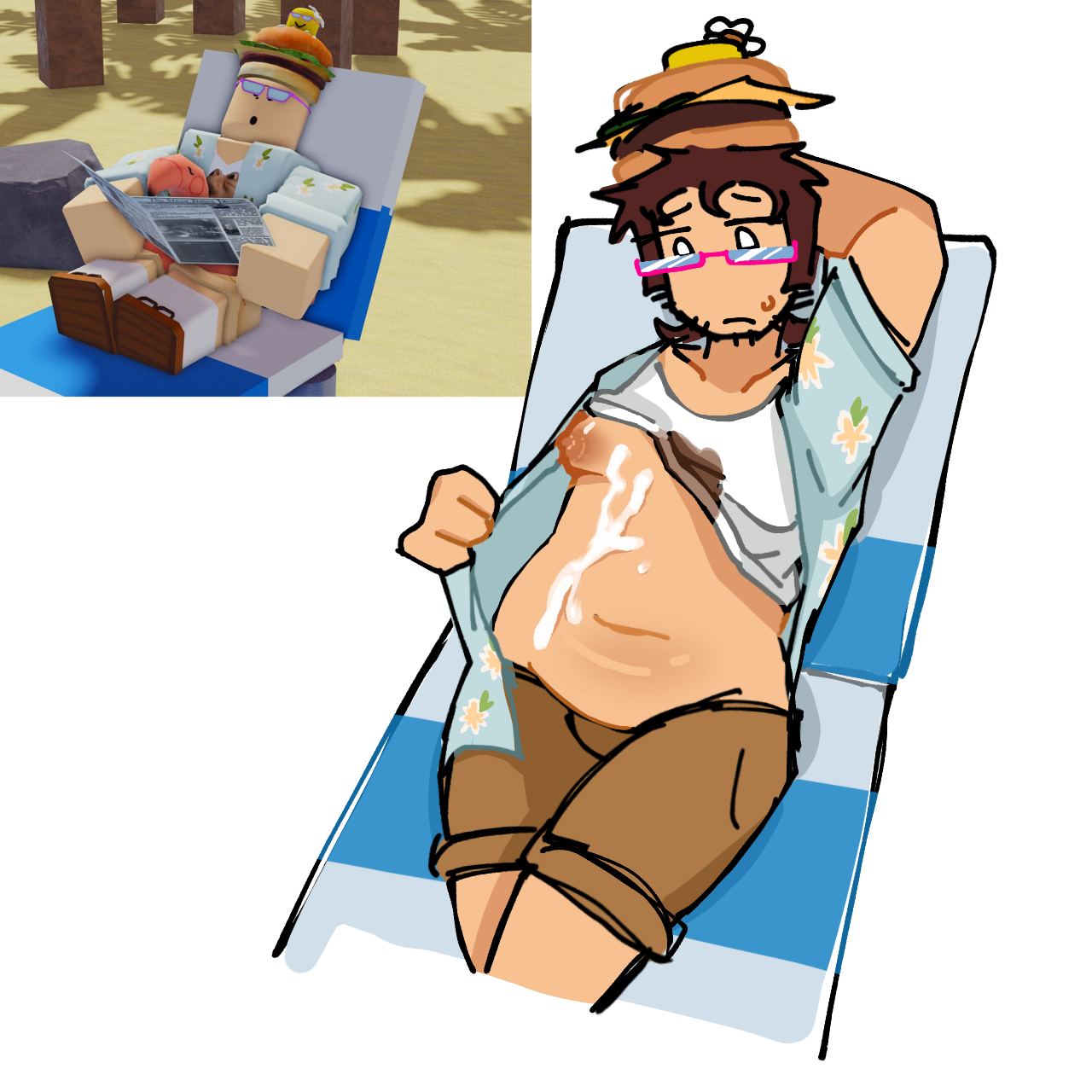 007n7 (forsaken), breasts, cum, cum on belly, cum on body, cuntboy, cuntboy with breasts, female, forsaken (roblox), intersex, okal44420, reference image, roblox, roblox game, robloxian, self upload, summer 007n7, tagme, tank top lift, trans man