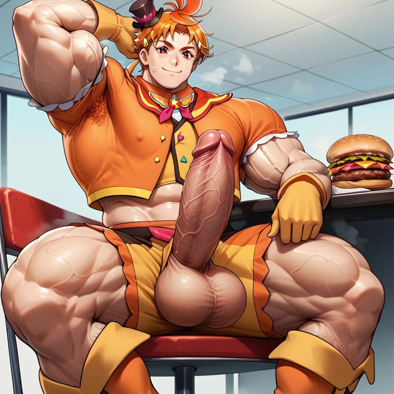 abs ai_generated anime_style armpit_hair big_balls big_cock big_muscles big_penis cure_wing flexing ginger_hair hamburger hirogaru_sky!_precure japanese kitchen male male_only muscular_pose orange_boots orange_collar orange_jacket orange_shorts orange_vest posing precure precure-r34 pretty_cure red_hair ribbons solo testicles top_hat veiny_penis white_sleeves yuunagi_tsubasa