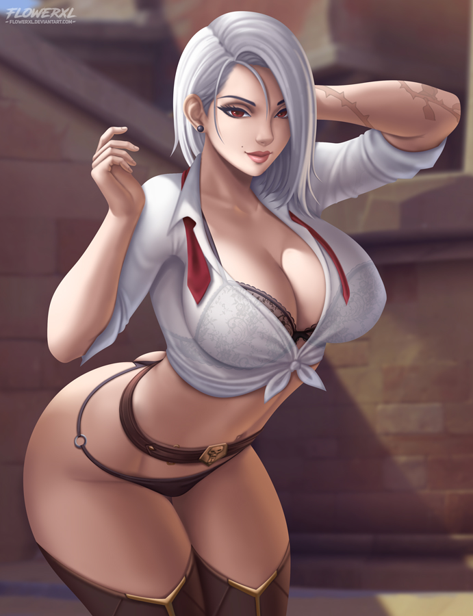 1girls, 2d, ashe (overwatch), big breasts, black thong, blizzard entertainment, breasts, cleavage, female, female only, flowerxl, large breasts, looking at viewer, o-ring bottom, overwatch, solo, thick thighs, thong, wide hips