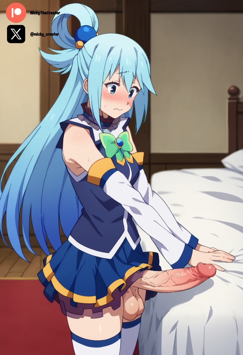 1futa ai_generated aqua_(konosuba) blue_dress blue_eyes blue_hair breasts cock colored dick futa_only futanari futanari futanari/female konosuba light_skin light_skinned_futanari nickythecreator penis sexy sexy_body sexy_pose testicles veiny_penis