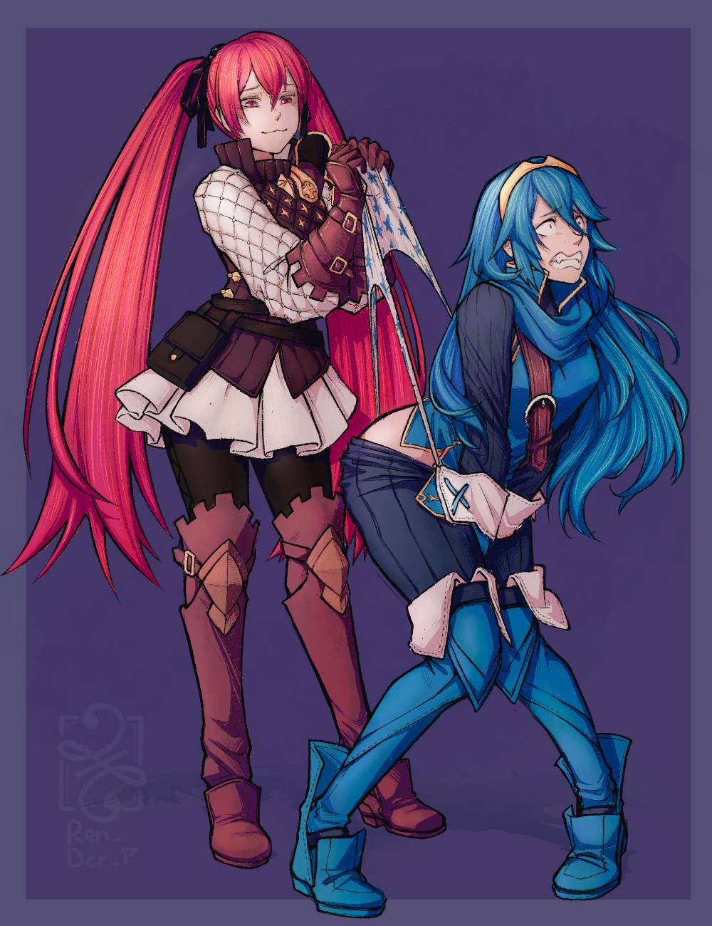 2girls blue_eyes blue_hair bullying domination exposed_pussy fetish fire_emblem fire_emblem_awakening frontal_wedgie humiliation lucina_(fire_emblem) nintendo panties vagina wedgie white_panties