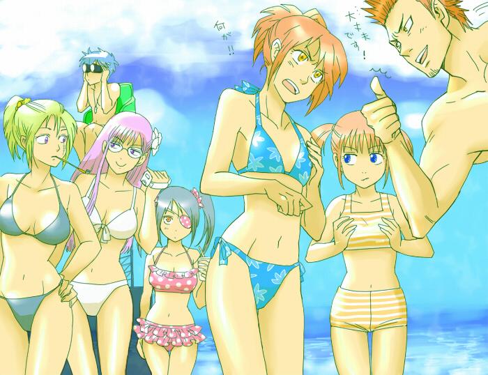 1:1 2boys 3mm 5girls beach bikini black_bikini black_hair blonde_hair blue_bikini breast_envy breast_grab breast_size_difference brown_hair camera cleavage female flat_chest fully_clothed gintama gintoki_sakata glasses grabbing_own_breast kagura_(gintama) kiseru kondou_isao long_hair male orange_hair pervert pink_bikini ponytail purple_hair sarutobi_ayame shimura_tae small_breasts smile smirk smoking swimsuit swimwear thumbs_down tsukuyo twintails white_bikini yagyuu_kyuubei