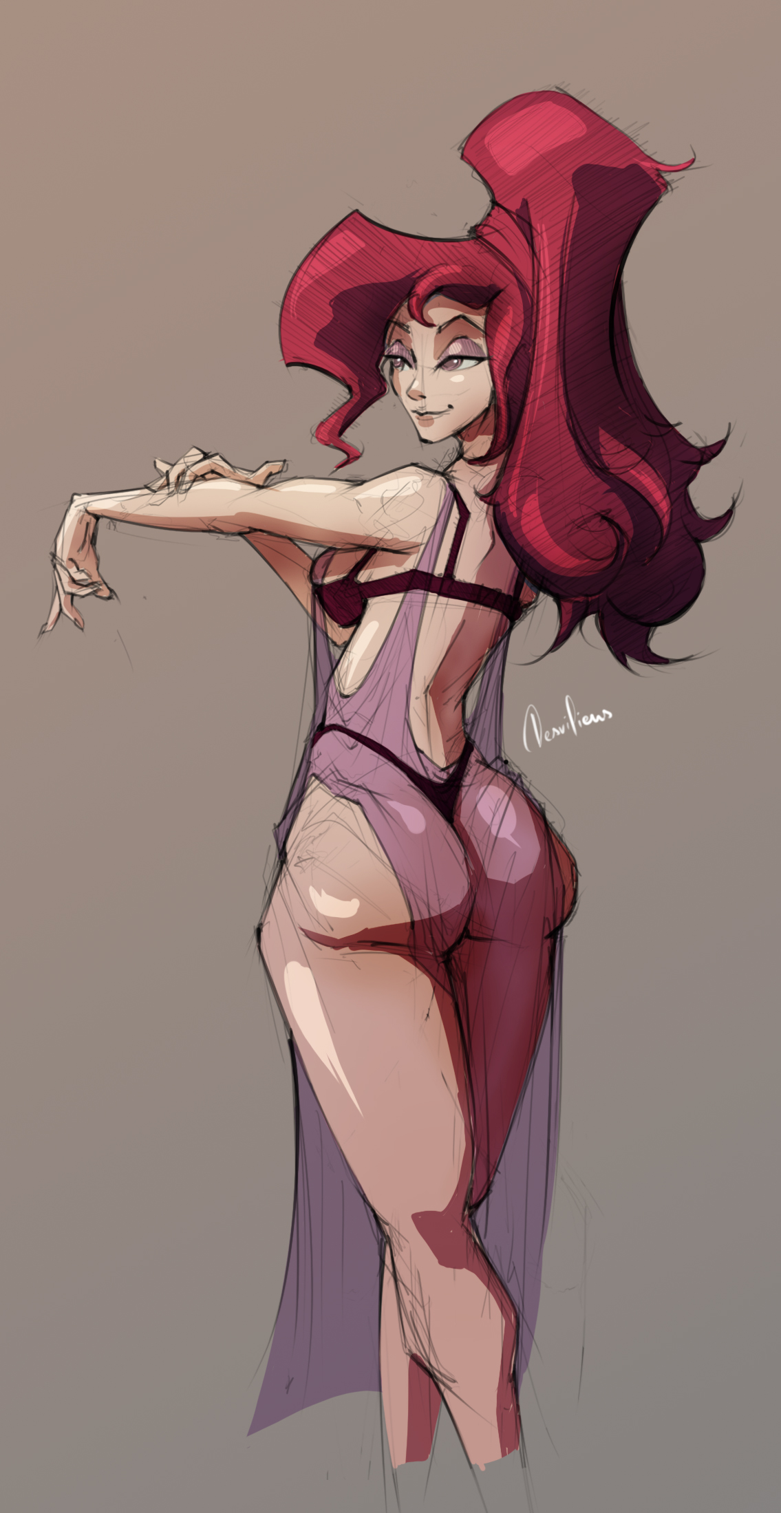 1girls, ass, brown hair, desviliens, disney, female, female only, hercules (disney), lingerie, long hair, megara, ponytail, rough sketch, solo