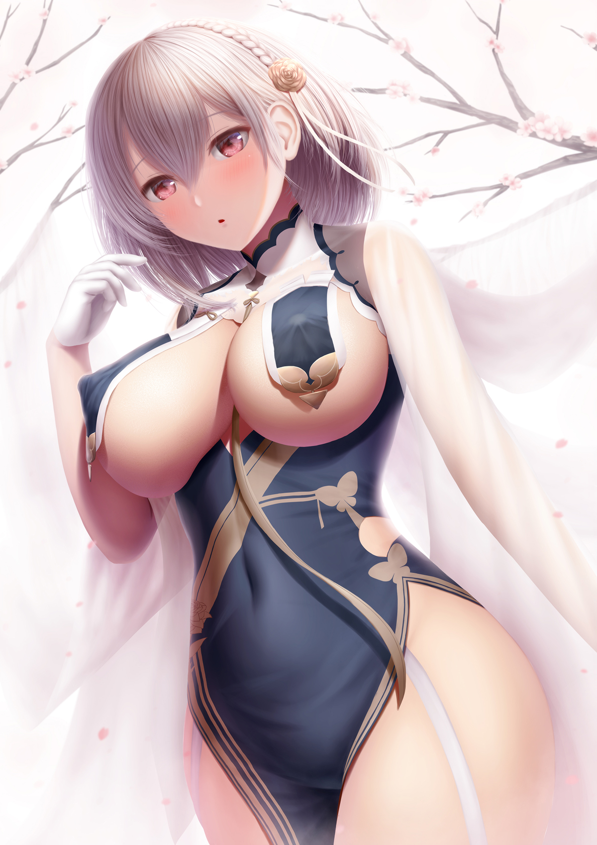 azur lane, blush, breast curtains, breasts, female, hair ornament, pelvic curtain, silver hair, sirius (azur lane), tagme