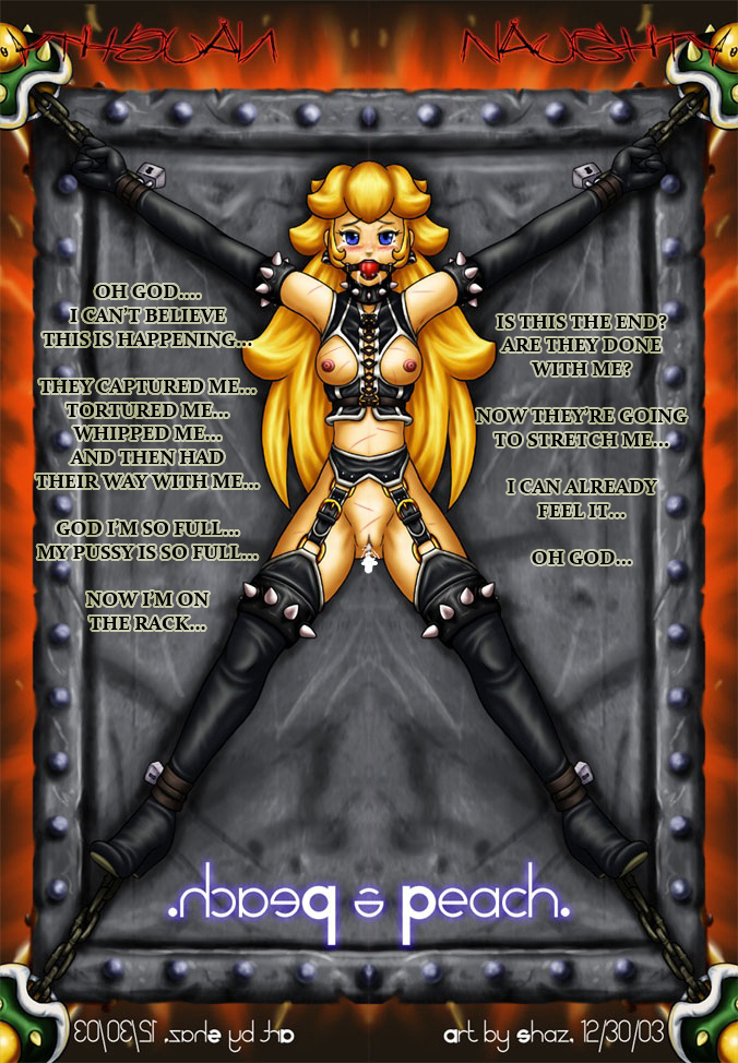 ball_gag bondage crying_with_eyes_open gag gagged mario_(series) nintendo nipples princess_peach pussy rack_(torture) shaxbert stretching super_mario_bros. torture torture_chamber