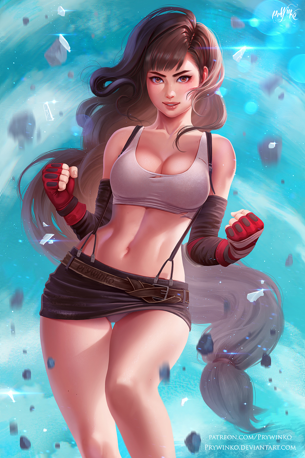 1girls, abs, big breasts, breasts, cleavage, female, final fantasy, final fantasy vii, large breasts, looking at viewer, panties, prywinko, solo, tifa lockhart