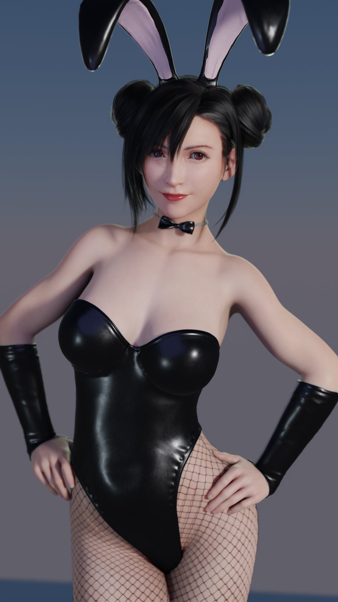 1girls 3d 3d_model 3d_render alternate_hairstyle animal_ears black_hair bunny_ears bunnysuit choker cleavage fake_animal_ears final_fantasy final_fantasy_vii final_fantasy_vii_rebirth final_fantasy_vii_remake fishnet_legwear fishnet_pantyhose fishnets fit_female hair_bun hairbun highres hourglass_figure latex latex_clothing leetonight lipstick long_hair looking_at_viewer pinup posing posing_for_the_viewer red_eyes ribbon sleeves tifa_lockhart