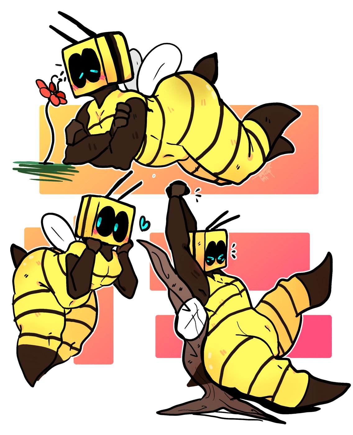 ambiguous gender, antennae, anthro, anthrofied, armpits, arms up, ass, bee, bee (minecraft), belly, belly button, big ass, big butt, black sclera, black skin, black stripes, blue eyes, blush, blushing, breasts, cute, eyes closed, featureless breasts, featureless crotch, female, flower, flying, hands up, heart, hips, huge ass, huge butt, humanoid, insects, large ass, large butt, looking away, lying, minecraft, mouthless, naked, no mouth, no nipples, no pussy, nude, nudity, plant, simple background, sitting, solo, standing, stinger, stretching, thick, thick ass, thick thighs, thighs, voluptuous, wheatley grim, white background, wide hips, wings, yellow skin