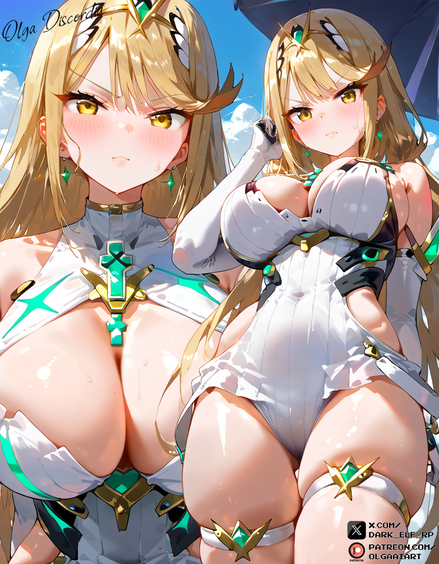 ai_generated ass blonde_female blonde_hair bodysuit female female_focus female_only hikari_(xenoblade_2) huge_ass huge_breasts large large_breasts long_hair mythra_(xenoblade) thicc_thighs xenoblade_(series) xenoblade_chronicles_2 yellow_eyes