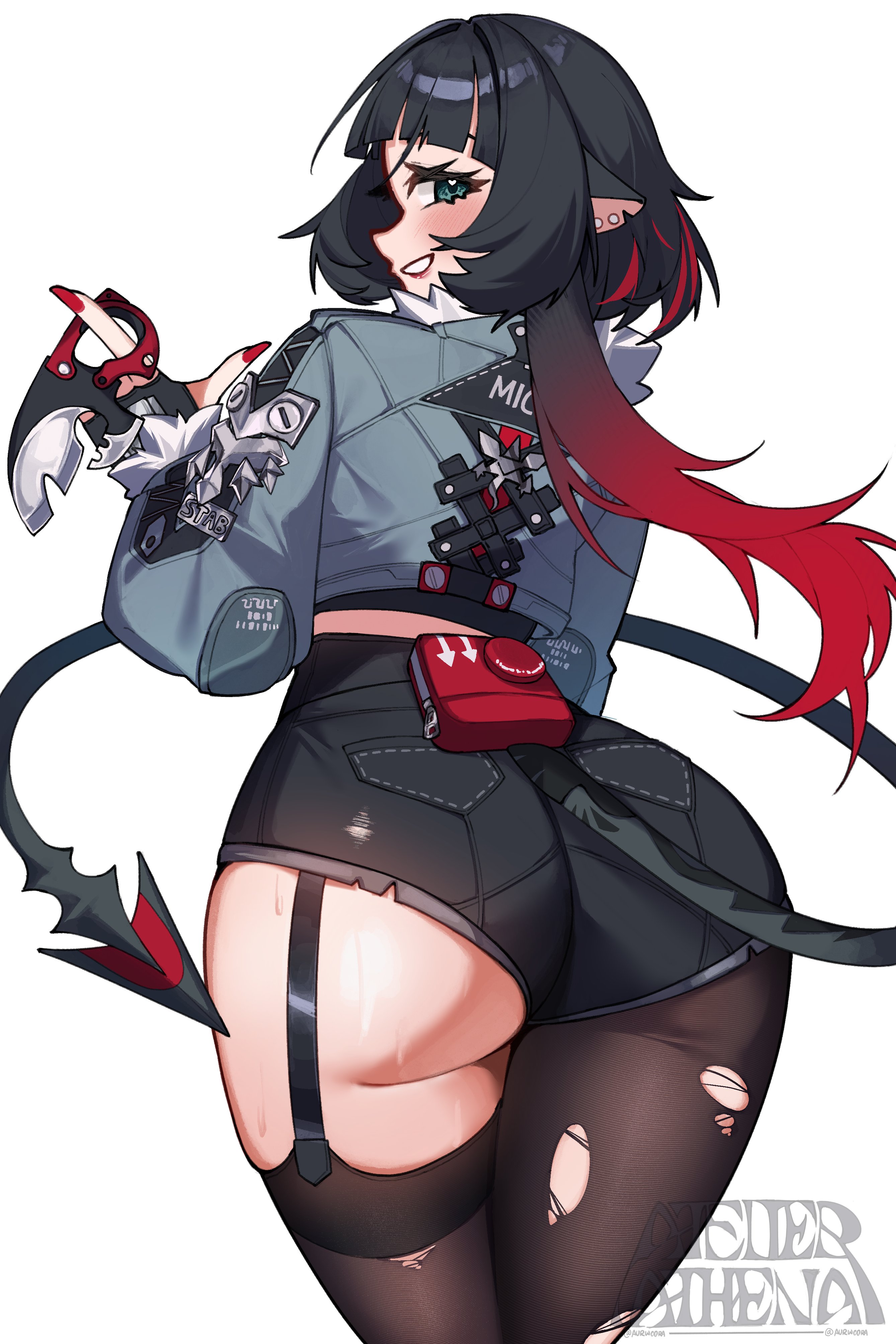 1girls, ass, aurwoora (jellen aura), female, female focus, female only, jane doe (zenless zone zero), large ass, light skin, light-skinned female, looking at viewer, looking back, solo, thick thighs, thighhighs, thighs, torn legwear, zenless zone zero