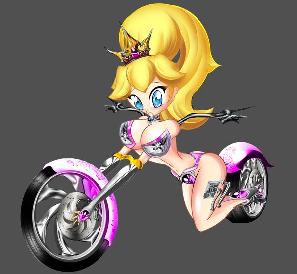 big_hair bikini blonde_hair blue_eyes large_breasts living_bike mario_(series) motorcycle motorcycle_transformation nintendo princess_peach sunrise-oasis surprised transformation vehicle_transformation