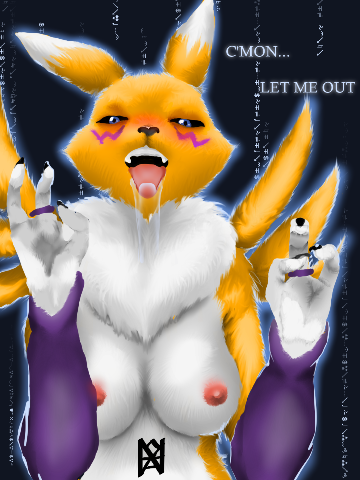 3:4 3_fingers against_surface anthro armwear bandai_namco begging belly blush bodily_fluids breasts bridal_gauntlets canid clothing digimon digimon_(species) drooling female fingers fur in_heat licking mammal mostly_nude nahadon neck_tuft on_glass renamon saliva solo teasing text tongue tongue_out tuft white_belly yellow_body yellow_fur