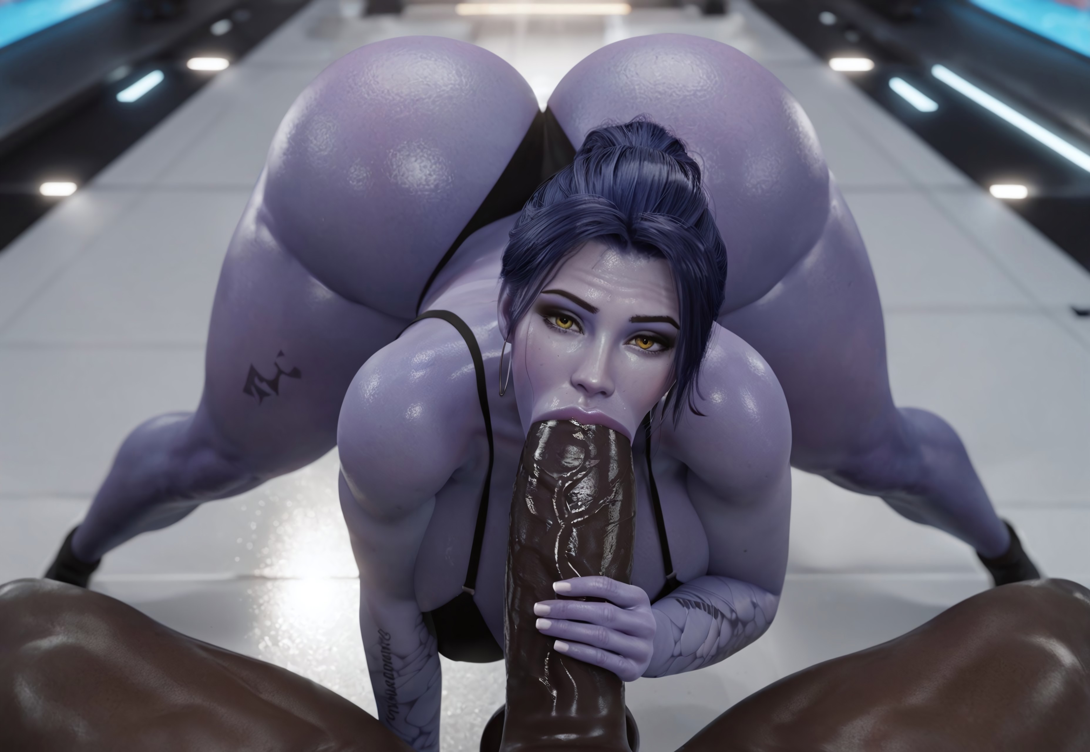 1boy, 1girls, ai generated, amelie lacroix, ass, big ass, big breasts, big penis, blowjob, blue body, blue skin, bra, breasts, dark skin, dark-skinned male, female, hi res, highres, huge ass, huge breasts, huge cock, hyper ass, hyper penis, interracial, looking at viewer, male, male pov, oral, oral sex, overwatch, overwatch 2, penis, pov, sitting, stockings, veiny penis, widowmaker