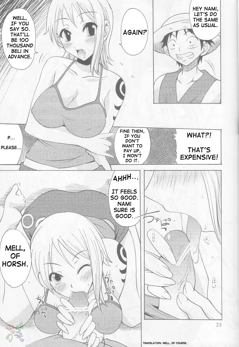 1boy1girl big_breasts big_penis black_and_white clothing comic comic_page doujinshi female isao male monkey_d_luffy nami nami_(one_piece) one_piece short_hair sucking sucking_penis text